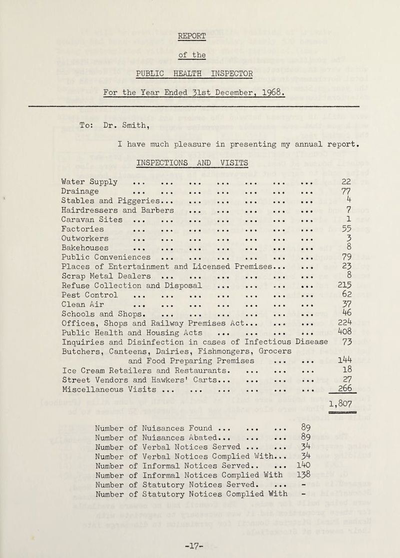 REPORT of the PUBLIC HEALTH INSPECTOR For the Year Ended 31st December, 1968. To: Dr. Smith, I have much pleasure in presenting my annual report. INSPECTIONS AND VISITS and Licensed Premises Water Supply . Drainage . Stables and Piggeries.. Hairdressers and Barbers Caravan Sites ... Factories ... Outworkers ... Bakehouses ... Public Conveniences Places of Entertainment Scrap Metal Dealers Refuse Collection and Disposal Pest Control ... Clean Air ... Schools and Shops. Offices, Shops and Railway Premises Act Public Health and Housing Acts Inquiries and Disinfection in cases of Infectious Disease Butchers, Canteens, Dairies, Fishmongers, Grocers and Food Preparing Premises . Ice Cream Retailers and Restaurants. . Street Vendors and Hawkers' Carts. Miscellaneous Visits . ... . 22 77 4 7 1 55 5 8 79 23 8 215 62 37 46 224 408 73 144 18 27 266 1,807 Number of Nuisances Found . Number of Nuisances Abated. Number of Verbal Notices Served . Number of Verbal Notices Complied With... Number of Informal Notices Served. Number of Informal Notices Complied With Number of Statutory Notices Served. ... Number of Statutory Notices Complied With 89 89 34 34 140 138 -17-