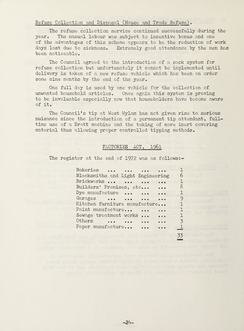 Refuse Collection and Disposal (House and Trade Refuse). The refuse collection service continued successfully during the year. The manual labour was subject to incentive bonus and one of the advantages of this scheme appears to be the reduction of work days lost due to sickness. Extremely good attendance by the men has been noticeable. The Council agreed to the introduction of a sack system for refuse collection but unfortunately it cannot be implemented until delivery is taken of a new refuse vehicle which has been on order some nine months by the end of the year. One full day is used by one vehicle for the collection of unwanted household articles. Once again this system is proving to be invaluable especially now that householders have become aware of it The Council’s tip at West Wylam has not given rise to serious nuisance since the introduction of a permanent tip attendant, full¬ time use of a Drott machine and the taking of more inert covering material thus allowing proper controlled tipping methods. FACTORIES ACT, 1961 The register at the end of 1972 was as follows:- Bakeries ... ... «.. ... Blacksmiths and Light Engineering Brickworks.. Builders’ Premises, etc. Dye manufacture. ... Oarages ... ... ... ... Kitchen furniture manufacture... Paint manufacture. ... Sewage treatment works . Others ... ... ... ... Paper manufacture... • • • • o • • • • • • • • • • • • • • o • • 1 6 1 8 1 9 1 1 1 3 1 33 -24-