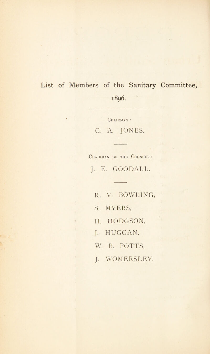 List of Members of the Sanitary Committee, 1896. Chairman : G. A. JONES. Chairman of the Council : J. E. GOODALL. R. V. BOWLING, S. MYERS, H. HODGSON, J. HUGGAN, W. B. POTTS, J. WOMERSLEY.