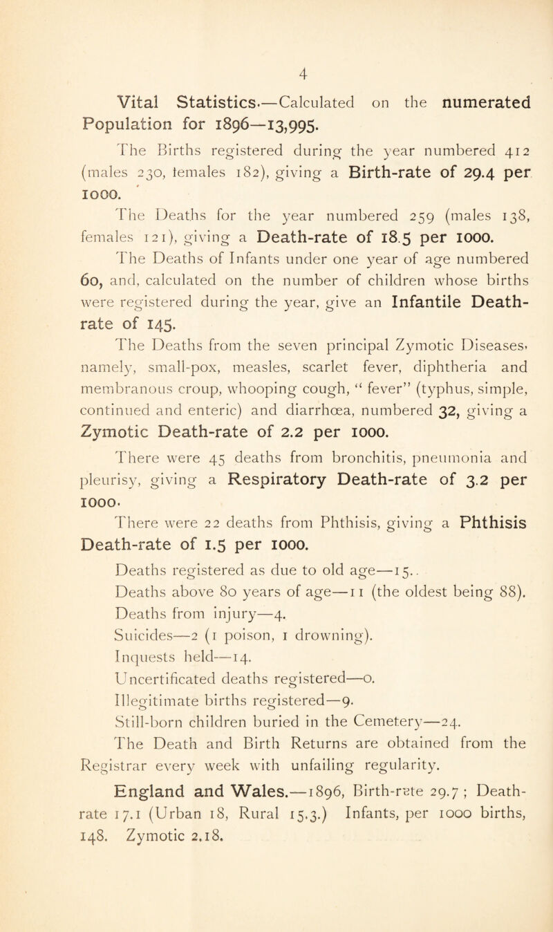 Vital Statistics.—Calculated on the numerated Population for 1896—13,995. The Births registered during the year numbered 412 (males 230, females 182), giving a Birth-rate of 29.4 per IOOO. The Deaths for the year numbered 259 (males 138, females 121), giving a Death-rate of 18.5 per 1000. The Deaths of Infants under one year of age numbered 60, and, calculated on the number of children whose births were registered during the year, give an Infantile Death- rate of 145. The Deaths from the seven principal Zymotic Diseases, namely, small-pox, measles, scarlet fever, diphtheria and membranous croup, whooping cough, “ fever” (typhus, simple, continued and enteric) and diarrhoea, numbered 32, giving a Zymotic Death-rate of 2.2 per 1000. There were 45 deaths from bronchitis, pneumonia and pleurisy, giving a Respiratory Death-rate of 3.2 per 1000. There were 22 deaths from Phthisis, giving a Phthisis Death-rate of 1.5 per 1000. Deaths registered as due to old age—15.. Deaths above 80 years of age—11 (the oldest being 88). Deaths from injury—4. Suicides—2 (1 poison, 1 drowning). Inquests held—14. Uncertificated deaths registered—o. Illegitimate births registered—9. Still-born children buried in the Cemetery—24. The Death and Birth Returns are obtained from the Registrar every week with unfailing regularity. England and Wales.—1896, Birth-rate 29.7; Death- rate 17.1 (Urban 18, Rural 15.3.) Infants, per 1000 births, 148. Zymotic 2.18.