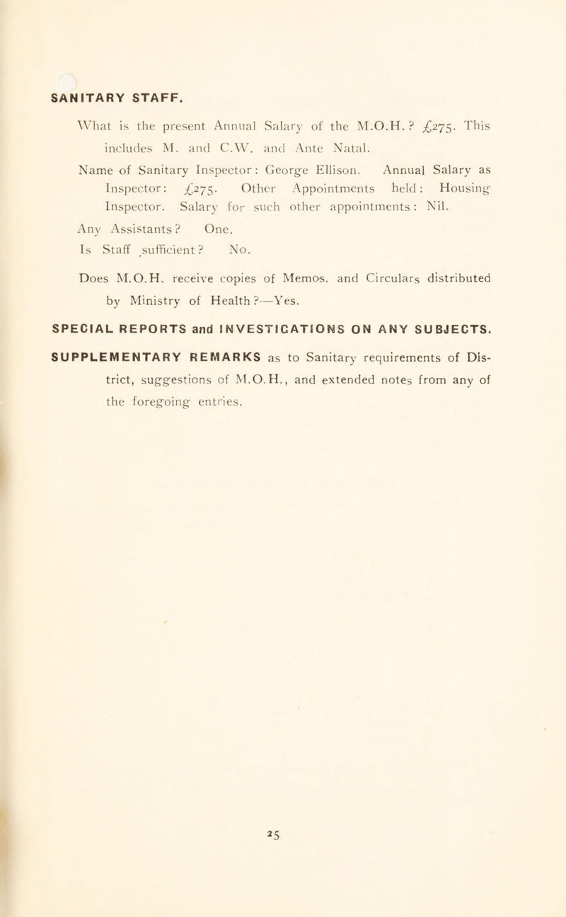 SANITARY STAFF. What is the present Annual Salary of the M.O.H. ? £2^^. This includes M. and C.W. and Ante Natal. Name of Sanitary Inspector: George Ellison. Annual Salary as Inspector: £^275. Other x\ppointmcnts held: Housing- Inspector. Salary for such other appointments: Nil. Any Assistants ? One. Is Staff sufficient? No. t Does M.O.H. receive copies of Memos, and Circulars distributed by Ministry of Health?—Yes. SPECIAL REPORTS and INVESTIGATIONS ON ANY SUBJECTS. SUPPLEMENTARY REMARKS as to Sanitary requirements of Dis¬ trict, sug-g-estions of M.O.H., and extended notes from any of the foregoing- entries.