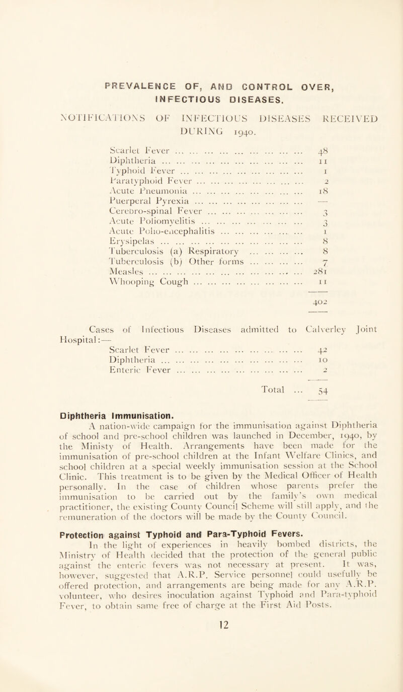 PREVALENCE OF, AND CONTROL OVER, [NFECTIOUS DISEASES. X O 1F1C A1 i O N S OF IN F E C f IO U S DIS JF4 S K S DUR FNG 1940. RECEIVED Scarlet Fever . Diphtheria . ryphoid Fever . Faratyphoid Fever. Acute Fneumoiiia . Puerperal Pyrexia . Cerebro-spinal Fever . Acute Poliomyelitis . Acute Pohu-eiicephalitis . Erysipelas . I'uberculosis (a) Respiratory Tuberculosis (b) Other forms Vleasles . ... \\ hooping Coug^h . 48 11 I o 18 0 1 8 8 7 281 11 402 Cases of Infectious Diseases admitted to Caherley Joint Hospital : — Scarlet Fever . 42 Diphtheria . 10 Enteric Fever Total ... 54 Diphtheria Immunisation. A nation-wide campaign for the immunisation against Diphtheria of school and pre-scliool children was launched in December, 1940, by the Ministy of Health. Arrangements have been made for the immunisation of pre-school children at the Infant Welfare Clinics, and school children at a special weekly immunisation session at the School Clinic. This treatment is to be given by the Medical Officer of Health personally. In the case of children whose parents prefer the immunisation to ))e carried out by the family's own medical practitioner, the existing Countv Council Scheme wall still apply, and ihe remuneration of the doctors will be made by the County Council. Protection against Typhoid and Para-Typhoid Fevers. In the light of experiences in heavily bombed districts, the IMinistry of Health decided that the protection of the general public against the enteric fevers was not necessary at present. It w^as, however, suggested that A.R.P. Service personnel could usefully be offered protection, and arrangements are being made tor any A.R.P. volunteer, who desires inoculation against Typhoid nnd Para-typhoid Fever, to obtain saime free of charge at the First Aid Posts.
