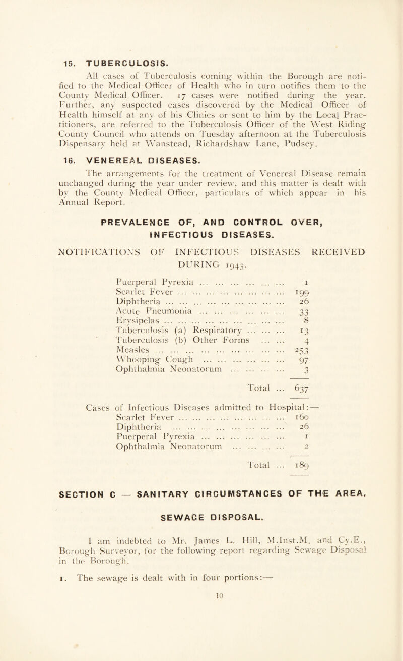 15. TUBERCULOSIS. All cases of Tuberculosis coming- within the Borough are noti¬ fied to the Medical Officer of Health who in turn notifies them to the County Medical Officer. 17 cases were notified during the year. Further, any suspected cases discovered by the Medical Officer of Health himself at any of his Clinics or sent to him by the Local Prac¬ titioners, are referred to the Tuberculosis Officer of the West Riding County Council who attends on Tuesday afternoon at the Tuberculosis Dispensary held at Wanstead, Richardshaw Lane, Pudsey. 16. VENEREAL DISEASES. The arrangements for the treatment of Venereal Disease remain unchanged during the year under review, and this matter is dealt with by the Count}^ Medical Officer, particulars of which appear irt his Annual Report. PREVALENCE OF, AND CONTROL OVER, INFECTIOUS DISEASES. NOTIFICATIONS OF INFECTIOUS DURING 1943. DISEASES RECEIVED Puerperal Pyrexia . Scarlet Fever. Diphtheria. Acute Pneumonia . Erysipelas. Tuberculosis (a) Respiratory ... Tuberculosis (b) Other Forms Measles.. ... Whooping Cough . Ophthalmia Neonatorum . 199 26 33 8 13 4 253 97 a Total ... 637 Cases of Infectious Diseases admitted to Hospital: — Scarlet Fever.. t6o Diphtheria . ... . 26 Puerperal Pyrexia . i Ophthalmia Neonatorum Total ... i8g SECTION C — SANITARY CIRCUMSTANCES OF THE AREA^ SEWAGE DISPOSAL. I am indebted to Mr. James L. Hill, M.Inst.M. and Cy.E., Borough Surveyor, for the following report regarding Sewage Disposal in the Borough. I. The sewage is dealt with in four portions:—