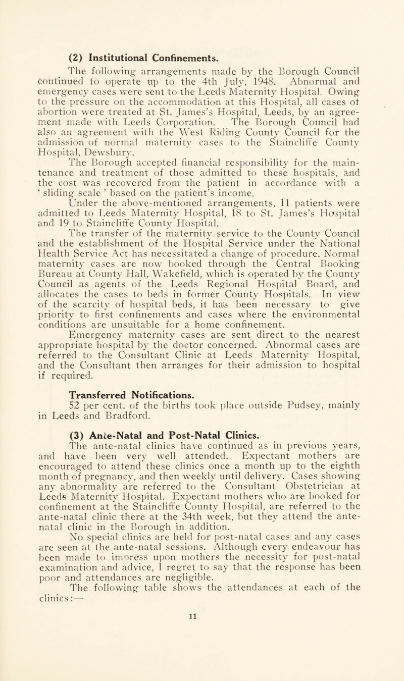 (2) Institutional Confinements. The following arrangements made by the Borough Council continued to operate up to the 4th July, 1948. Abnormal and emergency cases were sent to the Leeds Maternity Hospital. Owing to the pressure on the accommodation at this Hospital, all cases ot abortion were treated at St. James’s Hospital, Leeds, by an agree¬ ment made with Leeds Corporation. The Borough Council had also an agreement with the West Riding County Council for the admission of normal maternity cases to the Staincliffe County Hospital, Dewsbury. The Borough accepted financial responsibility for the main¬ tenance and treatment of those admitted to these hospitals, and the cost was recovered from the patient in accordance with a ‘ sliding scale ’ based on the patient’s income. Under the above-mentioned arrangements, 11 patients were admitted to Leeds Maternity Hospital, 18 to St. James’s Haspital and 19 to Staincliffe County Hospital. The transfer of the maternity service to the County Council and the establishment of the Hospital Service under the National Health Service Act has necessitated a change of procedure. Normal maternity cases are now booked through the Central Booking Bureau at County Hall, Wakefield, which is operated by the County Council as agents of the Leeds Regional Hospital Board, and allocates the cases to beds in former County Hospitals. In view of the scarcity of hospital beds, it ha's been necessary to give priority to first confinements and cases where the environmental conditions are unsuitable for a home confinement. Emergency maternity cases are sent direct to the nearest appropriate hospital by the doctor concerned. Abnormal cases are referred to the Consultant Clinic at Leeds Maternity Hospital, and the Consultant then arranges for their admission to hospital if required. Transferred Notifications. 52 per cent, of the births took place outside Pudsey, mainly in Leeds and Bradford. (3) Ante-Natal and Post-Natal Clinics. The ante-natal clinics have continued as in previous years, and have been very well attended. Expectant mothers are encouraged to attend these clinics once a month up to the eighth month of pregnancy, and then weekly until delivery. Cases showing any abnormality are referred to the Consultant Obstetrician at Leeds Maternity Hospital. Expectant mothers who are booked for confinement at the Staincliffe County Hospital, are referred to the ante-natal clinic there at the 34th week, but they attend the ante¬ natal clinic in the Borough in addition. No special clinics are held for post-natal cases and any cases are seen at the ante-natal sessions. Although every endeavour has been made to imnress upon mothers the necessity for post-natal examination and advice, I regret to^ say that the response has been poor and attendances are negligible. The following table shows the attendances at each of the clinics:— ll