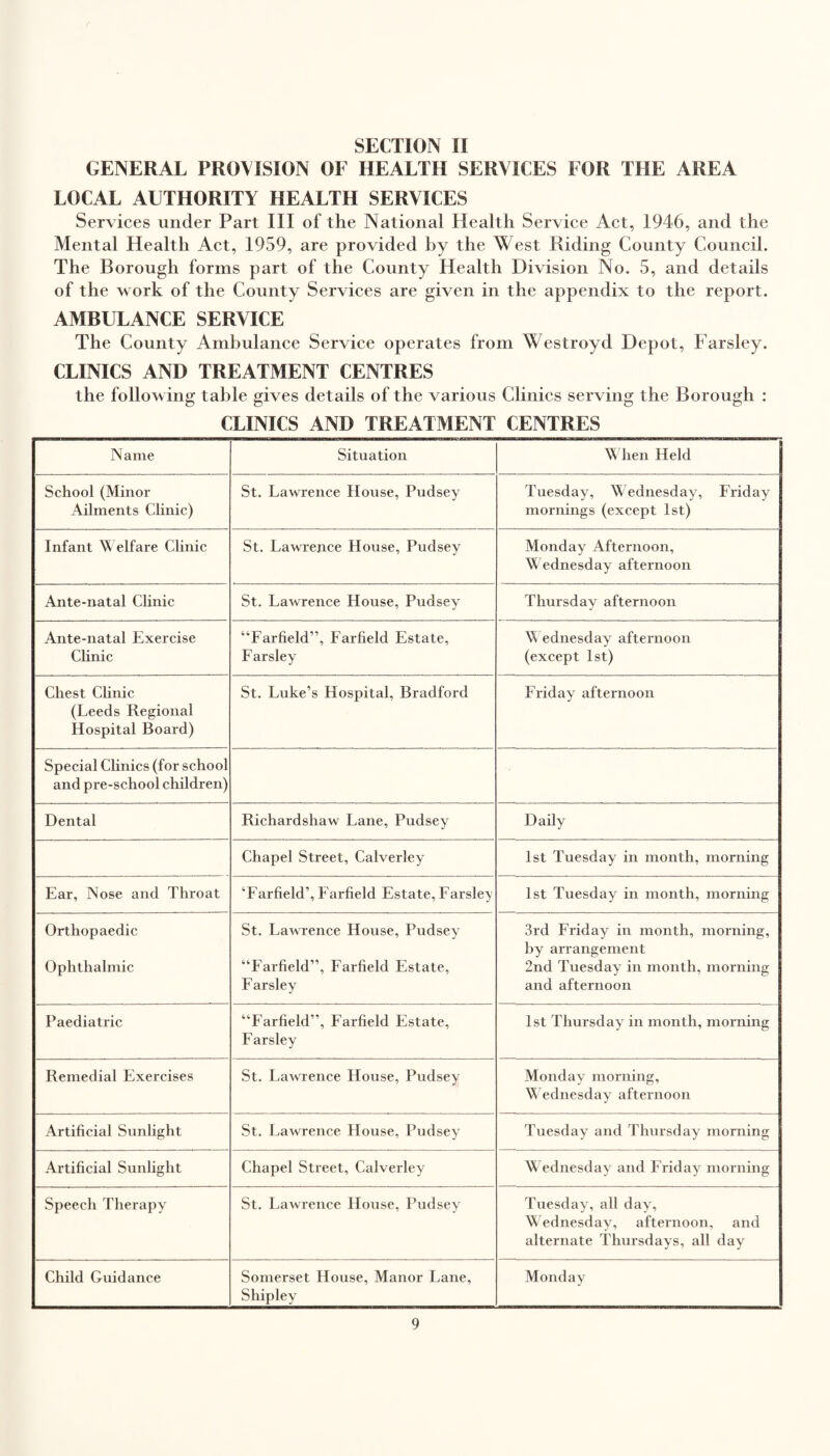 GENERAL PROVISION OF HEALTH SERVICES FOR THE AREA LOCAL AUTHORITY HEALTH SERVICES Services under Part III of the National Health Service Act, 1946, and the Mental Health Act, 1959, are provided by the West Riding County Council. The Borough forms part of the County Health Division No. 5, and details of the work of the County Services are given in the appendix to the report. AMBULANCE SERVICE The County Ambulance Service operates from Westroyd Depot, Farsley. CLINICS AND TREATMENT CENTRES the following table gives details of the various Clinics serving the Borough : CLINICS AND TREATMENT CENTRES Name Situation When Held School (Minor Ailments Clinic) St. Lawrence House, Pudsey Tuesday, Wednesday, Lriday mornings (except 1st) Infant Welfare Clinic St. Lawrence House, Pudsey Monday Afternoon, W ednesday afternoon Ante-natal Clinic St. Lawrence House, Pudsey Thursday afternoon Ante-natal Exercise Clinic “Larfield”, Larfield Estate, Parsley W ednesday afternoon (except 1st) Chest Clinic (Leeds Regional Hospital Board) St. Luke’s Hospital, Bradford Lriday afternoon Special Clinics (for school and pre-school children) Dental Richardshaw Lane, Pudsey Daily Chapel Street, Calverley 1st Tuesday in month, morning Ear, Nose and Throat ‘Larfield’, Larfield Estate, Parsley 1st Tuesday in month, morning Orthopaedic Ophthalmic St. Lawrence House, Pudsey “Larfield”, Larfield Estate, Parsley 3rd Lriday in month, morning, by arrangement 2nd Tuesday in month, morning and afternoon Paediatric “Larfield”, Larfield Estate, Parsley 1st Thursday in month, morning Remedial Exercises St. Lawrence House, Pudsey Monday morning, Wednesday afternoon Artificial Sunlight St. Lawrence House, Pudsey Tuesday and Thursday morning Artificial Sunlight Chapel Street, Calverley Wednesday and Lriday morning Speech Therapy St. Lawrence House, Pudsey Tuesday, all day, Wednesday, afternoon, and alternate Thursdays, all day Child Guidance Somerset House, Manor Lane, Shipley Monday