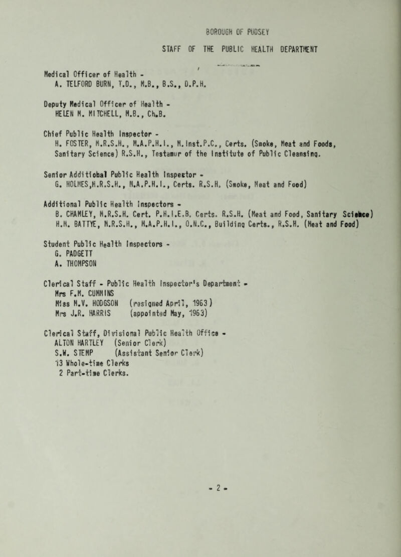 STAFF OF THE PUBLIC HEALTH DEPARTMENT Medical Officer of Health - A. TELFORD BURN, T.O., M.B., B.S., D.P.H. Deputy Medical Officer of Health - HELEN M. MITCHELL, M.B., Ch.B. Chief Public Health Inspector - H. FOSTER, M.R.S.H., M.A.P.H.L, M.lnst.P.C., Certs. (Smoke, Meat and Foods, Sanitary Science) R.S.H., Testamur of the Institute of Public Cleansing. Senior Additiobal Public Health Inspector - G. HOLMES,M.R.S.H., M.A.P.H.L, Certs. R.S.H, ($«oke, Meat and Food) Additional Public Health Inspectors - B. CHAMLEY, M.R.S.H. Cert. P.H.I.E.B, Certs. R.S.H. (Meat and Food, Sanitary Sciehce) H. M. BATTYE, M.R.S.H., M.A.P.H.L, O.N.C., Building Certs., R.S.H. (Meat and Food) Student Public Health Inspectors - G. PADGETT A. THOMPSON Clerical Staff - Public Health Inspector’s Department - Mrs F.M, CUMMINS Miss N.V. HODGSON (resigned April, 1963 ) Mrs J.R. HARRIS (appointed May, 1963) Clerical Staff, Divisional Public Health Office - ALTON HARTLEY (Senior Clerk) S.W. STEMP (Assistant Senior’ Clerk) 13 Whole-time Clerks 2 Part-time Clerks.