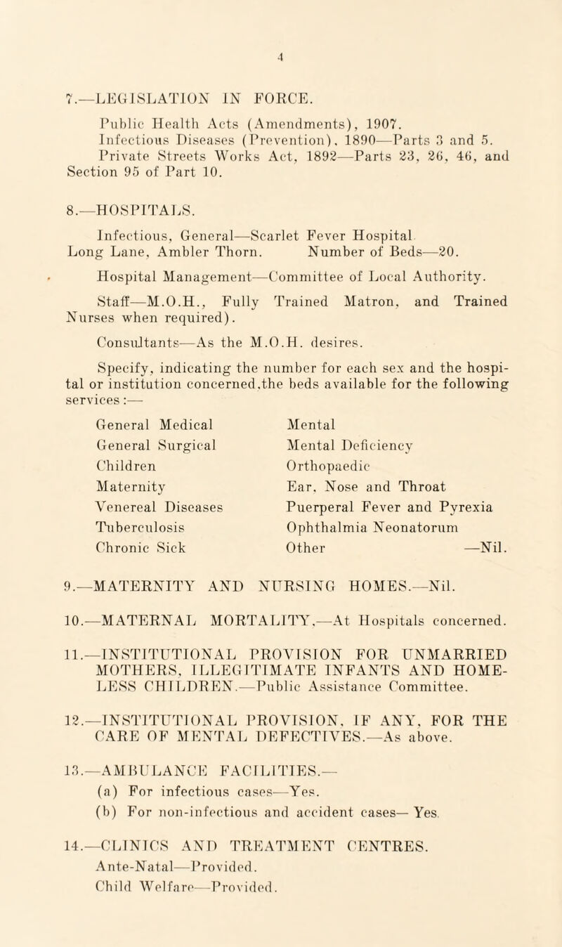 7.—LEGISLATION IN FORCE. Public Health Acts (Amendments), 1907. Infectious Diseases (Prevention). 1890—Parts 3 and 5. Private Streets Works Act, 1892—Parts 23, 20, 40, and Section 95 of Part 10. 8.—HOSPPrAJ.S. Infectious, General—Scarlet Fever Hospital Long Lane, Ambler Thorn. Number of Beds—20. Hospital Management—Committee of Local Authority. Staff—M.O.H., Fully Trained Matron, and Trained Nurses when required). Consultants—As the M.O.H. desires. Specify, indicating the number for each sex and the hospi¬ tal or institution concerned,the beds available for the following services:— General Medical General Surgical Children Maternity Venereal Diseases Ihiberculosis Chronic Sick Mental Mental Deficiency Orthopaedic Ear, Nose and Throat Puerperal Fever and Pyrexia Ophthalmia Neonatorum Other —Nil. 9. —MATERNITY AND NURSING HOMES.—Nil. 10. —MATERNAL MORTALITY,—At Hospitals concerned. 11. —INSTITUTIONAL PROVISION FOR UNMARRIED MOTHERS. ILLEGITIMATE INFANTS AND HOME¬ LESS CHILDREN.—Public Assistance Committee. 12. —INSTITUTIONAL PROVISION. IF ANY, FOR THE CARE OF MENTAL DEFECTIVES.—As above. 13. —A M1UIL A N C E F A CI L PIT E S. — (a) For infectious case.s—Yes. (b) For non-infectious and accident cases— Yes. 14.—CLINICS AND TREATMENT CENTRES. Ante-Natal—Provided. Child Welfare- -Provided.