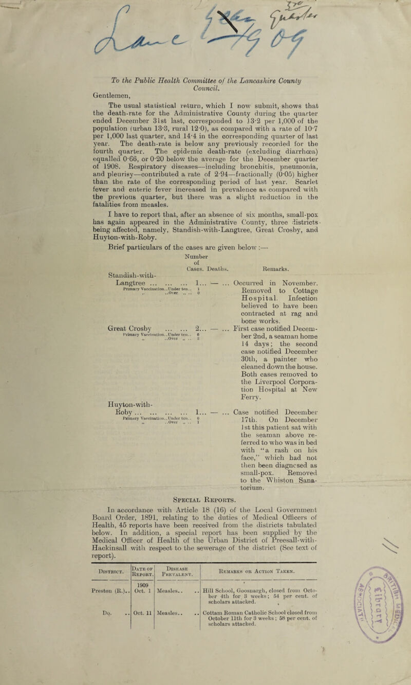 To the Public Health Committee of the Lancashire County Council. Gentlemen, The usual statistical return, which I now submit, shows that the death-rate for the Administrative County during the quarter ended December 31st last, corresponded to 13*2 per 1,000 of the population (urban 13-3, rural 12 0), as compared with a rate of 10-7 per 1,000 last quarter, and 14-4 in the corresponding quarter of last year. The death-rate is below any previously recorded for the fourth quarter. The epidemic death-rate (excluding diarrhoea) equalled 066, or 020 below the average for the December quarter of 1908. Respiratory diseases—including bronchitis, pneumonia, and pleurisy—contributed a rate of 2-94—fractionally (0-05) higher than the rate of the corresponding period of last year. Scarlet fever and enteric fever increased in prevalence as compared with the previous quarter, but there was a slight reduction in the fatalities from measles. I have to report that, after an absence of six months, small-pox has again appeared in the Administrative County, three districts being affected, namely, Standish-with-Langtree, Great Crosby, and Huyton-with-Roby. Brief particulars of the cases are given below :—- Number of Cases. Deaths. Remarks. Standish-with- ... Occurred in November. Removed to Cottage Hospital. Infection believed to have been contracted at rag and bone works. ... First case notified Decem¬ ber 2nd, a seaman home 14 days; the second case notified December 30th, a painter who cleaned down the house. Both cases removed to the Liverpool Corpora¬ tion Hospital at New Ferry. ... Case notified December 17 th. On December J st this patient sat with the seaman above re¬ ferred to who was in bed with “a rash on his face,” which had not then been diagnosed as small-pox. Removed to the Whiston Sana¬ torium. Langtree. Primary Vaccination..Under ten. ,. ..Over ,, . Great Crosby Primary Vaccination..Under ten. ..Over „ . Huyton-with- Roby .. Primary Vaccination..Under ten.. ..Over „ .. Special Reports. In accordance with Article 18 (16) of the Local Government Board Order, 1891, relating to the duties of Medical Officers of Health, 45 reports have been received from the districts tabulated below. In addition, a special report has been supplied by the Medical Officer of Health of the Urban District of Preesall-with- Hackinsall with respect to the sewerage of the district (See text of report). District. Date of Report. Disease Prevalent. Remarks or Action Taken. 1909 Preston (R.).. Oct. 1 Measles.. Hill School, Goosnargh, closed from Octo¬ ber 4th for 3 weeks; 54 per cent, of scholars attacked. t Do. Oct. 11 Measles.. Cottam Roman Catholic School closed from October 11th for 3 weeks ; 58 per cent, of scholars attacked.