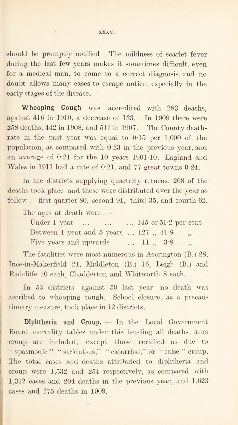 should be promptly notified. The mildness of scarlet fever during the last few years makes it sometimes difficult, even for a medical man, to come to a correct diagnosis, and no doubt allows many cases to escape notice, especially in the early stages of the disease. Whooping Cough was accredited with 283 deaths, against 416 in 1910, a decrease of 133. In 1909 there were 258 deaths, 442 in 1908, and 511 in 1907. The County death- rate in the past year was equal to 0T5 per 1,000 of the population, as compared with 0-23 in the previous year, and an average of 0*21 for the 10 years 1901-10. England and Wales in 1911 had a rate of 0-21, and 77 great towns 0-24. In the districts supplying quarterly returns, 268 of the deaths took place and these were distributed over the year as follow :—first quarter 80, second 91, third 35, and fourth 62. The ages at death were :— Under 1 year ... ... ... 145 or51*2 per cent Between 1 year and 5 years ... 127 ,, 44-8 ,, Five years and upwards ... 11,, 3-8 ,, The fatalities were most numerous in Accrington (B.) 28, Ince-in-Makerfield 24, Middleton (B.) 16, Leigh (B.) and Badcliffe 10 each, Chadderton and Whitworth 8 each. In 53 districts—against 50 last year—no death was ascribed to whooping cough. School closure, as a precau¬ tionary measure, took place in 12 districts. Diphtheria and Croup. — In the Local Government Board mortality tables under this heading all deaths from croup are included, except those certified as due to “ spasmodic ” “ stridulous,” “ catarrhal,” or “ false ” croup. The total cases and deaths attributed to diphtheria and croup were 1,532 and 254 respectively, as compared with 1,312 cases and 204 deaths in the previous year, and 1,623 i cases and 275 deaths in 1909.