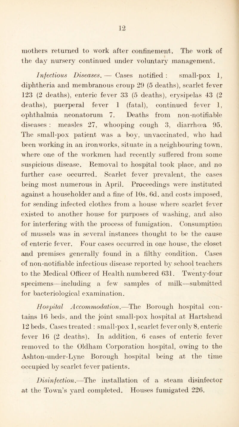 mothers returned to work after confinement. The work of the day nursery continued under voluntary management. Infectious Diseases. — Cases notified : small-pox 1, diphtheria and membranous croup 29 (5 deaths), scarlet fever 123 (2 deaths), enteric fever 33 (5 deaths), erysipelas 43 (2 deaths), puerperal fever 1 (fatal), continued fever 1, ophthalmia neonatorum 7. Deaths from non-notifiable diseases : measles 27, whooping cough 3, diarrhoea 95. The small-pox patient was a boy, unvaccinated, who had been working in an ironworks, situate in a neighbouring town, where one of the workmen had recently suffered from some suspicious disease. Removal to hospital took place, and no further case occurred. Scarlet fever prevalent, the cases being most numerous in April. Proceedings were instituted against a householder and a fine of 10s. 6d. and costs imposed, for sending infected clothes from a house where scarlet fever existed to another house for purposes of washing, and also for interfering with the process of fumigation. Consumption of mussels was in several instances thought to be the cause of enteric fever. Four cases occurred in one house, the closet and premises generally found in a filthy condition. Cases of non-notifiable infectious disease reported by school teachers to the Medical Officer of Health numbered 631. Twenty-four specimens—including a few samples of milk—submitted for bacteriological examination. Hospital Accommodation.-—The Borough hospital con¬ tains 16 beds, and the joint small-pox hospital at Hartsliead 12 beds. Cases treated : small-pox 1, scarlet fever only 8, enteric fever 16 (2 deaths). In addition, 6 cases of enteric fever removed to the Oldham Corporation hospital, owing to the Ashton-under-Lyne Borough hospital being at the time occupied by scarlet fever patients. Disinfection.—The installation of a steam disinfector at the Town’s yard completed. Houses fumigated 226.