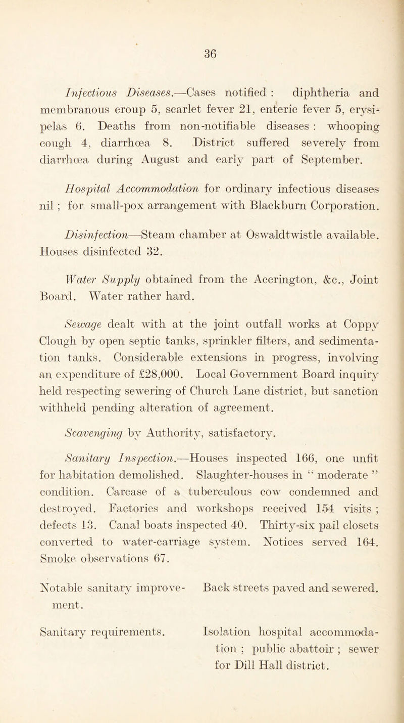 Infectious Diseases.—Cases notified : diphtheria and membranous croup 5, scarlet fever 21, enteric fever 5, erysi¬ pelas 6. Deaths from non-notifiable diseases : whooping cough 4, diarrhoea 8. District suffered severely from diarrhoea during August and early part of September. Hospital Accommodation for ordinary infectious diseases nil ; for small-pox arrangement with Blackburn Corporation. Disinfection—Steam chamber at Oswaldtwistle available. Houses disinfected 32. Water Supply obtained from the Accrington, &c., Joint Board. Water rather hard. Sewage dealt with at the joint outfall works at Coppy Clough by open septic tanks, sprinkler filters, and sedimenta¬ tion tanks. Considerable extensions in progress, involving an expenditure of £28,000. Local Government Board inquiry held respecting sewering of Church Lane district, but sanction withheld pending alteration of agreement . Scavenging by Authority, satisfactory. Sanitary Inspection.—Houses inspected 166, one unfit for habitation demolished. Slaughter-houses in “ moderate ” condition. Carcase of a tuberculous cow condemned and destroyed. Factories and workshops received 154 visits ; defects 13. Canal boats inspected 40. Thirty-six pail closets converted to water-carriage system. Notices served 164. Smoke observations 67. Notable sanitary improve- Back streets paved and sewered, ment. Sanitary requirements. Isolation hospital accommoda¬ tion ; public abattoir ; sewer for Dill Hall district.