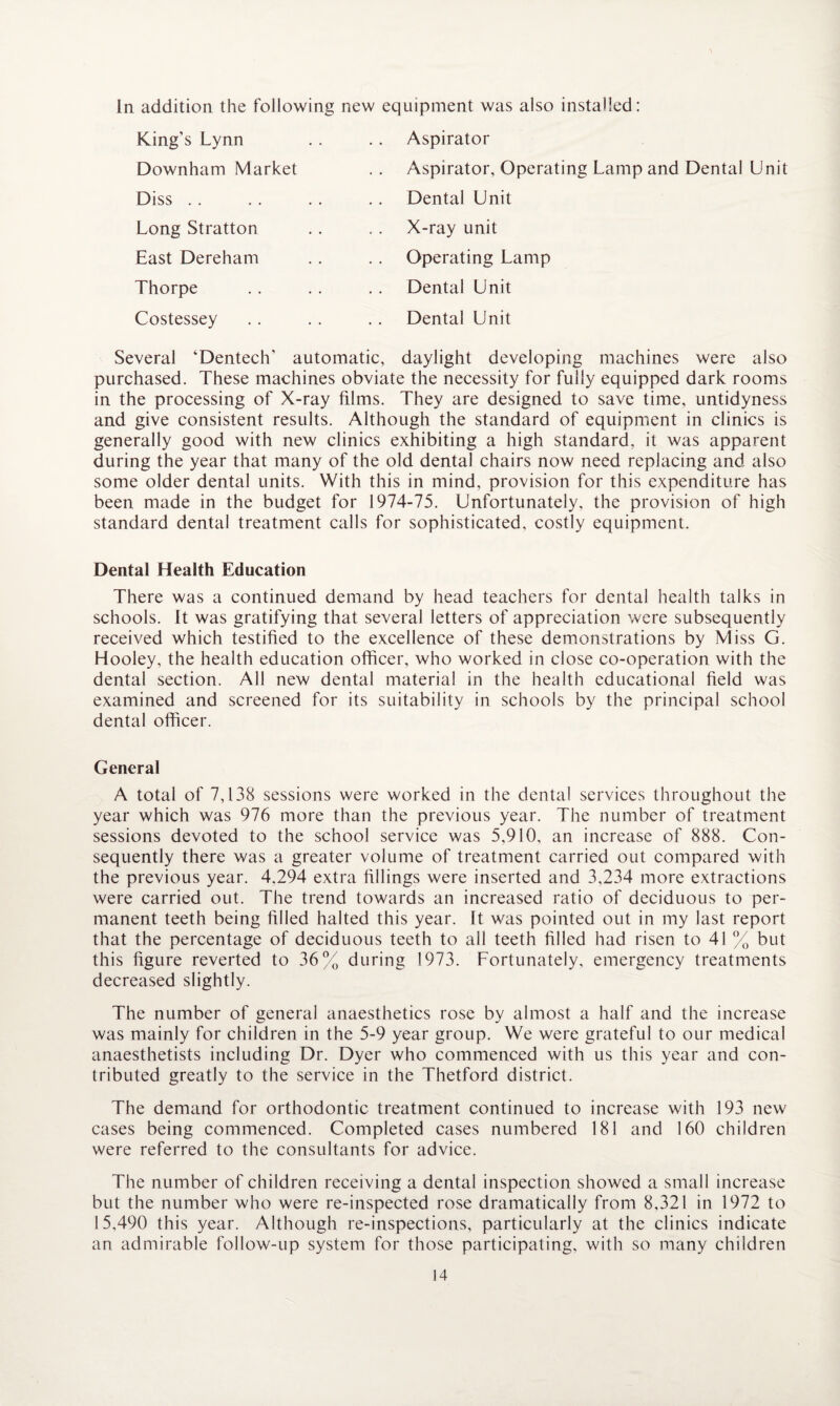 In addition the following new equipment was also installed: King’s Lynn Downham Market Diss Long Stratton East Dereham Thorpe Costessey Aspirator Aspirator, Operating Lamp and Dental Unit Dental Unit X-ray unit Operating Lamp Dental Unit Dental Unit Several ‘Dentech’ automatic, daylight developing machines were also purchased. These machines obviate the necessity for fully equipped dark rooms in the processing of X-ray films. They are designed to save time, untidyness and give consistent results. Although the standard of equipment in clinics is generally good with new clinics exhibiting a high standard, it was apparent during the year that many of the old dental chairs now need replacing and also some older dental units. With this in mind, provision for this expenditure has been made in the budget for 1974-75. Unfortunately, the provision of high standard dental treatment calls for sophisticated, costly equipment. Dental Health Education There was a continued demand by head teachers for dental health talks in schools. It was gratifying that several letters of appreciation were subsequently received which testified to the excellence of these demonstrations by Miss G. Hooley, the health education officer, who worked in close co-operation with the dental section. All new dental material in the health educational field was examined and screened for its suitability in schools by the principal school dental officer. General A total of 7,138 sessions were worked in the dental services throughout the year which was 976 more than the previous year. The number of treatment sessions devoted to the school service was 5,910, an increase of 888. Con¬ sequently there was a greater volume of treatment carried out compared with the previous year. 4.294 extra fillings were inserted and 3,234 more extractions were carried out. The trend towards an increased ratio of deciduous to per¬ manent teeth being filled halted this year. It was pointed out in my last report that the percentage of deciduous teeth to all teeth filled had risen to 41 % but this figure reverted to 36% during 1973. Fortunately, emergency treatments decreased slightly. The number of general anaesthetics rose by almost a half and the increase was mainly for children in the 5-9 year group. We were grateful to our medical anaesthetists including Dr. Dyer who commenced with us this year and con¬ tributed greatly to the service in the Thetford district. The demand for orthodontic treatment continued to increase with 193 new cases being commenced. Completed cases numbered 181 and 160 children were referred to the consultants for advice. The number of children receiving a dental inspection showed a small increase but the number who were re-inspected rose dramatically from 8,321 in 1972 to 15,490 this year. Although re-inspections, particularly at the clinics indicate an admirable follow-up system for those participating, with so many children