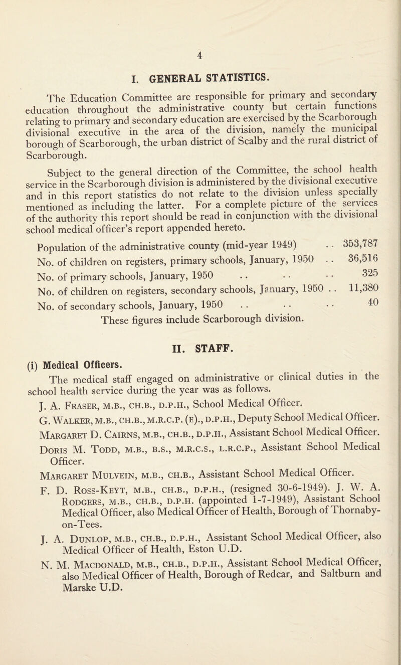 I. GENERAL STATISTICS. The Education Committee are responsible for primary and secondary education throughout the administrative county but certain functions relating to primary and secondary education are exercised by the Scarboroug divisional executive in the area of the division, namely the municipal borough of Scarborough, the urban district of Scalby and the rural ciistrict ol Scarborough. Subject to the general direction of the Committee, the school health service in the Scarborough division is administered by the divisional executive and in this report statistics do not relate to the division unless specially mentioned as including the latter. For a complete picture of the services of the authority this report should be read in conjunction with the divisional school medical officer’s report appended hereto. Population of the administrative county (mid-year 1949) No. of children on registers, primary schools, January, 1950 .. No. of primary schools, January, 1950 No. of children on registers, secondary schools, January, 1950 . . No. of secondary schools, January, 1950 These figures include Scarborough division. 353,787 36,516 325 11,380 40 II. STAFF. (i) Medical Officers. The medical staff engaged on administrative or clinical duties in the school health service during the year was as follows. J. A. Fraser, m.r., ch.b., d.p.h., School Medical Officer. G. Walker, m.b., ch.b., m.R.c.p. (e)., d.p.h., Deputy School Medical Officer. Margaret D. Cairns, m.b., ch.b., d.p.h., Assistant School Medical Officer. Doris M. Todd, m.b., b.s., m.r.c.s., l.r.c.p., Assistant School Medical Officer. Margaret Mulvein, m.b., ch.b., Assistant School Medical Officer. F. D. Ross-Keyt, m.b., ch.b., d.p.h., (resigned 30-6-1949). J. W. A. Rodgers, m.b., ch.b., d.p.h. (appointed 1-7-1949), Assistant School Medical Officer, also Medical Officer of Health, Borough of Thornaby- on-Tees. J. A. Dunlop, m.b., ch.b., d.p.h., Assistant School Medical Officer, also Medical Officer of Health, Eston U.D. N. M. Macdonald, m.b., ch.b., d.p.h., Assistant School Medical Officer, also Medical Officer of Health, Borough of Redcar, and Saltburn and Marske U.D.