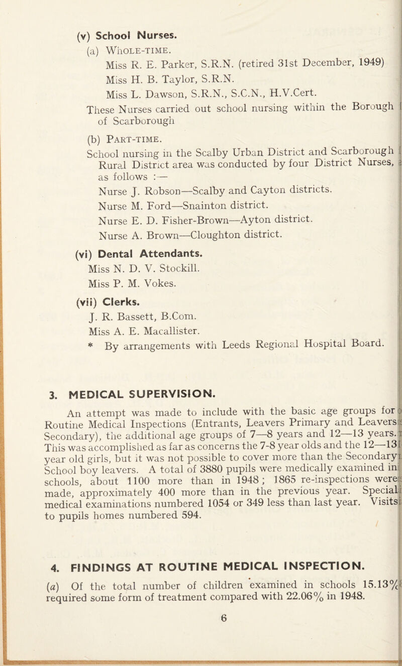 (v) School Nurses. (a) Whole-time. Miss R. E. Parker, S.R.N. (retired 31st December, 1949) Miss H. B. Taylor, S.R.N. Miss L. Dawson, S.R.N., S.C.N., H.V.Cert. These Nurses carried out school nursing within the Borough ( of Scarborough (b) Part-time. School nursing in the Scalby Urban District and Scarborough Rural District area was conducted by four District Nurses, : as follows :— Nurse J. Robson—Scalby and Cayton districts. Nurse M. Ford—Snainton district. Nurse E. D. Fisher-Brown—Ay ton district. Nurse A. Brown—Cloughton district. (vi) Dental Attendants. Miss N. D. V. Stockill, Miss P. M. Yokes. (viI) Clerks. J. R. Bassett, B.Com. Miss A. E. Macallister. * By arrangements with Leeds Regional Hospital Board. 3. MEDICAL SUPERVISION. An attempt was made to include with the basic age groups for o Routine Medical Inspections (Entrants, Leavers Primary and Leavers Secondary), the additional age groups of 7—8 years and 12 13 years.:; This was accomplished as far as concerns the 7-8 year olds and the 12 -131 year old girls, but it was not possible to cover more than the Secondary! School boy leavers. A total of 3880 pupils were medically examined in schools, about 1100 more than in 1948; 1865 re-inspections were; made, approximately 400 more than in the previous year. Special medical examinations numbered 1054 or 349 less than last year. Visitsi to pupils homes numbered 594. 4. FINDINGS AT ROUTINE MEDICAL INSPECTION, (a) Of the total number of children examined in schools 15.13%!' required some form of treatment compared with 22.06%> in 1948. r r>