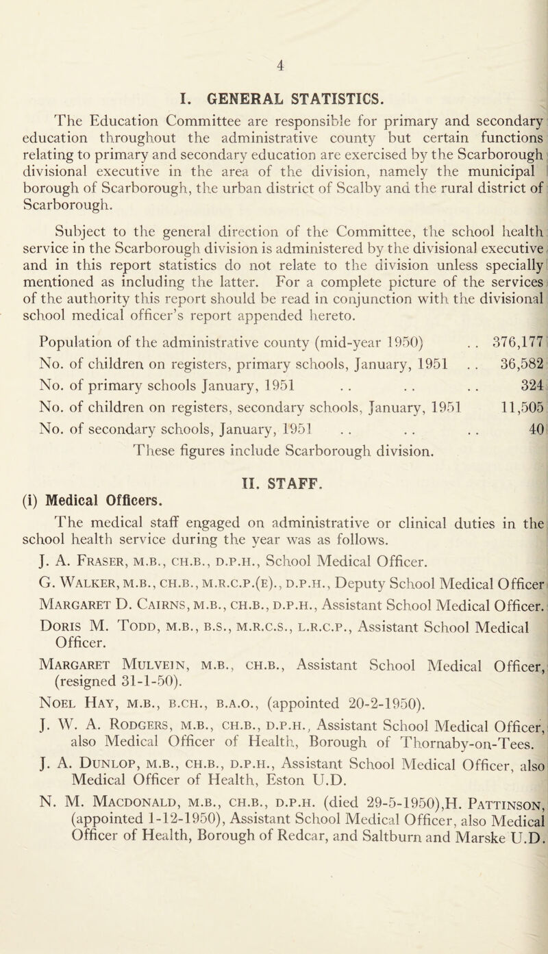 I. GENERAL STATISTICS. The Education Committee are responsible for primary and secondary education throughout the administrative county but certain functions relating to primary and secondary education are exercised by the Scarborough divisional executive in the area of the division, namely the municipal borough of Scarborough, the urban district of Scalby and the rural district of Scarborough. Subject to the general direction of the Committee, the school health service in the Scarborough division is administered by the divisional executive and in this report statistics do not relate to the division unless specially mentioned as including the latter. For a complete picture of the services of the authority this report should be read in conjunction with the divisional school medical officer’s report appended hereto. Population of the administrative county (mid-year 1950) . . 376,177 No. of children on registers, primary schools, January, 1951 . . 36,582 No. of primary schools January, 1951 . . . . . . 324 No. of children on registers, secondary schools, January, 1951 11,505 No. of secondary schools, January, 1951 . . . . . . 40 These figures include Scarborough division. II. STAFF. (i) Medical Officers. The medical staff engaged on administrative or clinical duties in the school health service during the year was as follows. J. A. Fraser, m.b., ch.b., d.p.h., School Medical Officer. G. Walker, m.b., ch.b., m.r.c.p.(e)., d.p.h., Deputy School Medical Officer Margaret D. Cairns, m.b., ch.b., d.p.h., Assistant School Medical Officer. Doris M. Todd, m.b., b.s., m.r.c.s., l.r.c.p., Assistant School Medical Officer. Margaret Mulvein, m.b., ch.b., Assistant School Medical Officer, (resigned 31-1-50). Noel Hay, m.b., b.ch., b.a.o., (appointed 20-2-1950). J. W. A. Rodgers, m.b., ch.b., d.p.h., Assistant School Medical Officer, also Medical Officer of Health, Borough of Thornaby-on-Tees. J. A. Dunlop, m.b., ch.b., d.p.h., Assistant School Medical Officer, also Medical Officer of Health, Eston U.D. N. M. Macdonald, m.b., ch.b., d.p.h. (died 29-5-1950),H. Pattinson, (appointed 1-12-1950), Assistant School Medical Officer, also Medical Officer of Health, Borough of Redcar, and Saltburn and Marske U.D.