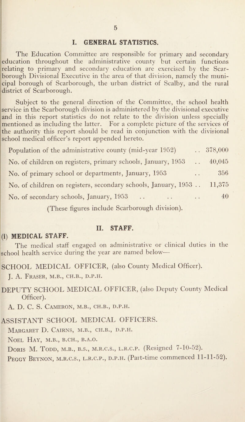 I. GENERAL STATISTICS. The Education Committee are responsible for primary and secondary education throughout the administrative county but certain functions relating to primary and secondary education are exercised by the Scar¬ borough Divisional Executive in the area of that division, namely the muni¬ cipal borough of Scarborough, the urban district of Scalby, and the rural district of Scarborough. Subject to the general direction of the Committee, the school health service in the Scarborough division is administered by the divisional executive and in this report statistics do not relate to the division unless specially mentioned as including the latter. For a complete picture of the services of the authority this report should be read in conjunction with the divisional school medical officer’s report appended hereto. Population of the administrative county (mid-year 1952) . . 378,000 No. of children on registers, primary schools, January, 1953 . . 40,045 No. of primary school or departments, January, 1953 . . 356 No. of children on registers, secondary schools, January, 1953 . . 11,375 No. of secondary schools, January, 1953 . . . . . . 40 (These figures include Scarborough division). II. STAFF. (i) MEDICAL STAFF. The medical staff engaged on administrative or clinical duties in the school health service during the year are named below— SCHOOL MEDICAL OFFICER, (also County Medical Officer). J. A. Fraser, m.b., ch.b., d.p.h. DEPUTY SCHOOL MEDICAL OFFICER, (also Deputy County Medical Officer). A. D. C. S. Cameron, m.b., ch.b., d.p.h. ASSISTANT SCHOOL MEDICAL OFFICERS. Margaret D. Cairns, m.b., ch.b., d.p.h. Noel Hay, m.b., b.ch., b.a.o. Doris M. Todd, m.b., b.s., m.r.c.s., l.r.c.p. (Resigned 7-10-52). Peggy Beynon, m.r.c.s., l.r.c.p., d.p.h. (Part-time commenced 11-11-52).