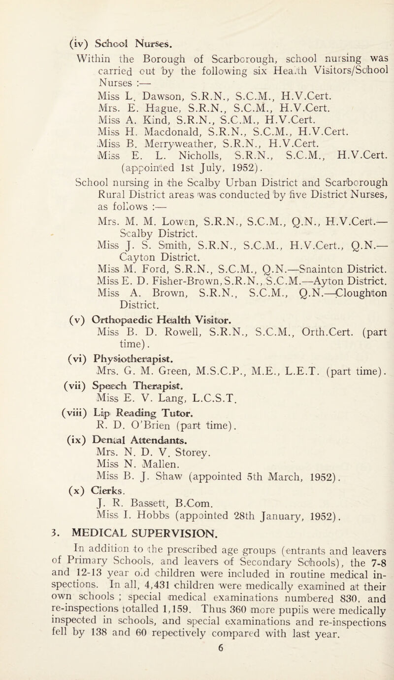 (iv) School Nurses. Within the Borough of Scarborough, school nursing was carried out by the following six Heaxth Visitors/School Nurses :—• Miss L. Dawson, S.R.N., S.C.M., H.V.Cert. Mrs. E. Hague, S.R.N., S.C.M., H.V.Cert. Miss A. Kind, S.R.N., S.C.M., H.V.Cert. Miss H. Macdonald, S.R.N., S.C.M., H.V.Cert. Miss B. Merryweather, S.R.N., H.V.Cert. Miss E. L. Nicholls, S.R.N., S.C.M., H.V.Cert. (appointed 1st July, 1952). School nursing in the Scal'by Urban District and Scarborough Rural District areas was conducted by hve District Nurses, as follows :— Mrs. M. M. Lowen, S.R.N., S.C.M., Q.N., H.V.Cert.— Sealby District. Miss J. S. Smith, S.R.N., S.C.M., H.V.Cert., Q.N.— Cayton District. Miss M. Ford, S.R.N., S.C.M., Q.N.—Snainton District. MissE. D. Fisher-Brown,S.R.N., S.C.M.—Ayton District. Miss A. Brown, S.R.N., S.C.M., Q.N.—Cloughton District. (v) Orthopaedic Hetalth Visitor. Miss B. D. Rowell, S.R.N., S.C.M., Orth.Cert, (part time). (vi) Physiotherapist. Mrs. G. M. Green, M.S.C.P., M.E., L.E.T. (part time). (vii) Speech Therapist. Miss E. V. Lang, L.C.S.T. (viii) Lip Reading Tutor. R. D. O’Brien (part time). (ix) Dental Attendants. Mrs. N. D. V. Storey. Miss N. Mallen. Miss B. J. Shaw (appointed 5th March, 1952). (x) Clerks. J. R. Bassett, B.Com. Miss. I. Hobbs (appointed 28th January, 1952). 3. MEDICAL SUPERVISION. In addition to the prescribed age groups (entrants and leavers of Primary Schools, and leavers of Secondary Schools), the 7-8 and 12-13 year oid children were included in routine medical in¬ spections. In all, 4,431 children were medically examined at their own schools ; special medical examinations numbered 830, and re-inspections totalled 1,159. Thus 360 more pupils were medically inspected in schools, and special examinations and re-inspections fell by 138 and 60 repectively compared with last year.