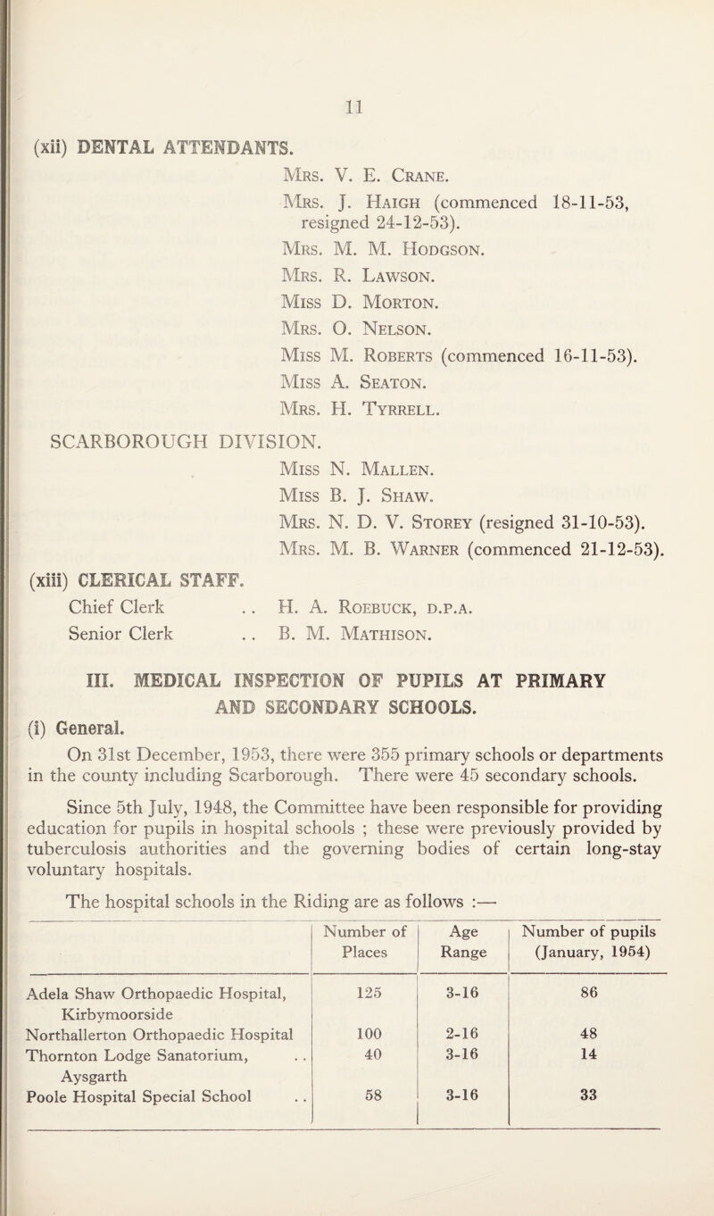 I (xii) DENTAL ATTENDANTS. Mrs. V. E. Crane. Mrs. J. Haigh (commenced 18-11-53, resigned 24-12-53). Mrs. M. M. Hodgson. Mrs. R. Lawson. Miss D. Morton. Mrs. O. Nelson. Miss M. Roberts (commenced 16-11-53). Miss A. Seaton. Mrs. H. Tyrrell. SCARBOROUGH DIVISION. Miss N. Mallen. Miss B. J. Shaw. Mrs. N. D. V. Storey (resigned 31-10-53). Mrs. M. B. Warner (commenced 21-12-53). (xiii) CLERICAL STAFF. Chief Clerk .. H. A. Roebuck, d.p.a. Senior Clerk .. B. M. Mathison. m. MEDICAL INSPECTION OF PUPILS AT PRIMARY AMD SECONDARY SCHOOLS. (i) General. On 31st December, 1953, there were 355 primary schools or departments in the county including Scarborough. There were 45 secondary schools. Since 5th July, 1948, the Committee have been responsible for providing education for pupils in hospital schools ; these were previously provided by tuberculosis authorities and the governing bodies of certain long-stay voluntary hospitals. The hospital schools in the Riding are as follows :— • Number of Places Age Range Number of pupils (January, 1954) # Adela Shaw Orthopaedic Hospital, 125 3-16 86 Kirbymoorside Northallerton Orthopaedic Hospital 100 2-16 48 Thornton Lodge Sanatorium, 40 3-16 14 Aysgarth Poole Hospital Special School 58 3-16 33