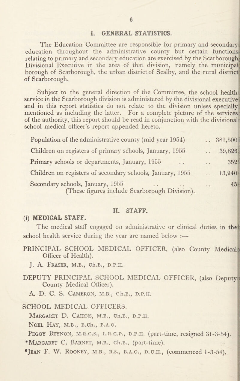 I. GENERAL STATISTICS. The Education Committee are responsible for primary and secondary education throughout the administrative county but certain functions relating to primary and secondary education are exercised by the Scarborough; Divisional Executive in the area of that division, namely the municipal borough of Scarborough, the urban district of Scalby, and the rural district of Scarborough. Subject to the general direction of the Committee, the school health service in the Scarborough division is administered by the divisional executive, and in this report statistics do not relate to the division unless specially! mentioned as including the latter. For a complete picture of the services: of the authority, this report should be read in conjunction with the divisional school medical officer’s report appended hereto. Population of the administrative county (mid year 1954) 381,500) Children on registers of primary schools, January, 1955 . . 39,826! Primary schools or departments, January, 1955 .. . . 352 ! Children on registers of secondary schools, January, 1955 . . 13,940“ Secondary schools, January, 1955 (These figures include Scarborough Division). II. STAFF. (i) MEDICAL STAFF. The medical staff engaged on administrative or clinical duties school health service during the year are named below :— PRINCIPAL SCHOOL MEDICAL OFFICER, (also County Medical:: Officer of Health). J. A. Fraser, m.b., ch.B., d.p.h. DEPUTY PRINCIPAL SCHOOL MEDICAL OFFICER, (also Deputy County Medical Officer). A. D. C. S. Cameron, m.b., ch.B., d.p.h. SCHOOL MEDICAL OFFICERS. Margaret D. Cairns, m.b., ch.B., d.p.h. Noel Hay, m.b., B.ch., b.a.o. Peggy Beynon, m.r.c.s., l.r.c.p., d.p.h. (part-time, resigned 31-3-54). ^Margaret C. Barnet, m.b., ch.B., (part-time). *Jean F. W. Rooney, m.b., b.s., b.a.o., d.c.h., (commenced 1-3-54).