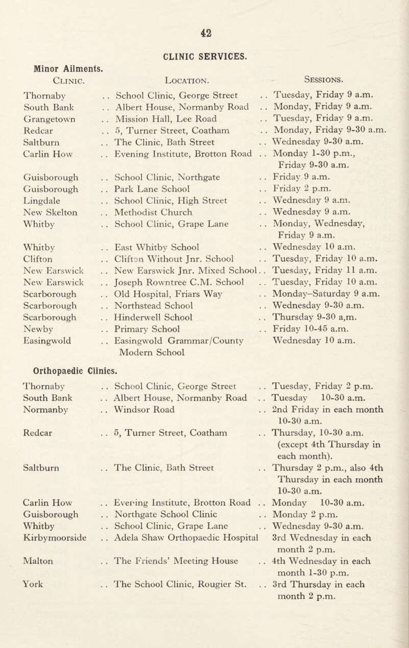 CLINIC SERVICES. Minor Ailments. Clinic. Location. Sessions. Thornaby . . School Clinic, George Street Tuesday, Friday 9 a.m. South Bank . . Albert House, Normanby Road Monday, Friday 9 a.m. Grangetown . . Mission Hall, Lee Road Tuesday, Friday 9 a.m. Redcar . . 5, Turner Street, Coatham Monday, Friday 9-30 a.m Saltburn . . The Clinic, Bath Street Wednesday 9-30 a.m. Carlin How . . Evening Institute, Brotton Road . . Monday 1-30 p.m., Guisborough . . School Clinic, Northgate Friday 9-30 a.m. Friday 9 a.m. Guisborough . . Park Lane School Friday 2 p.m. Lingdale . . School Clinic, High Street Wednesday 9 a.m. New Skelton . . Methodist Church Wednesday 9 a.m. Whitby . . School Clinic, Grape Lane Monday, Wednesday, Whitby . . East Whitby School Friday 9 a.m. Wednesday 10 a.m. Clifton . . Clifton Without Jnr. School Tuesday, Friday 10 a.m. New Earswick . . New Earswick Jnr. Mixed School. . Tuesday, Friday 11 a.m. New Earswick . . Joseph Rowntree C.M. School Tuesday, Friday 10 a.m. Scarborough . . Old Hospital, Friars Way Monday-Saturday 9 a.m. Scarborough . . Northstead School Wednesday 9-30 a.m. Scarborough . . Hinderwell School Thursday 9-30 a,m. Newby . . Primary School Friday 10-45 a.m. Easingwold . . Easingwold Grammar/County Wednesday 10 a.m. Orthopaedic Modern School Clinics. Thornaby . . School Clinic, George Street Tuesday, Friday 2 p.m. South Bank . . Albert House, Normanby Road Tuesday 10-30 a.m. Normanby . . Windsor Road 2nd Friday in each month Redcar . . 5, Turner Street, Coatham 10-30 a.m. Thursday, 10-30 a.m. Saltburn . . The Clinic, Bath Street (except 4th Thursday in each month). Thursday 2 p.m., also 4th Carlin How . . Evening Institute, Brotton Road . . Thursday in each month 10-30 a.m. Monday 10-30 a.m. Guisborough . . Northgate School Clinic Monday 2 p.m. Whitby . . School Clinic, Grape Lane Wednesday 9-30 a.m. Kirby moorside . . Adela Shaw Orthopaedic Hospital 3rd Wednesday in each Malton . . The Friends’ Meeting House month 2 p.m. 4th Wednesday in each York . . The School Clinic, Rougier St. month 1-30 p.m. 3rd Thursday in each month 2 p.m.