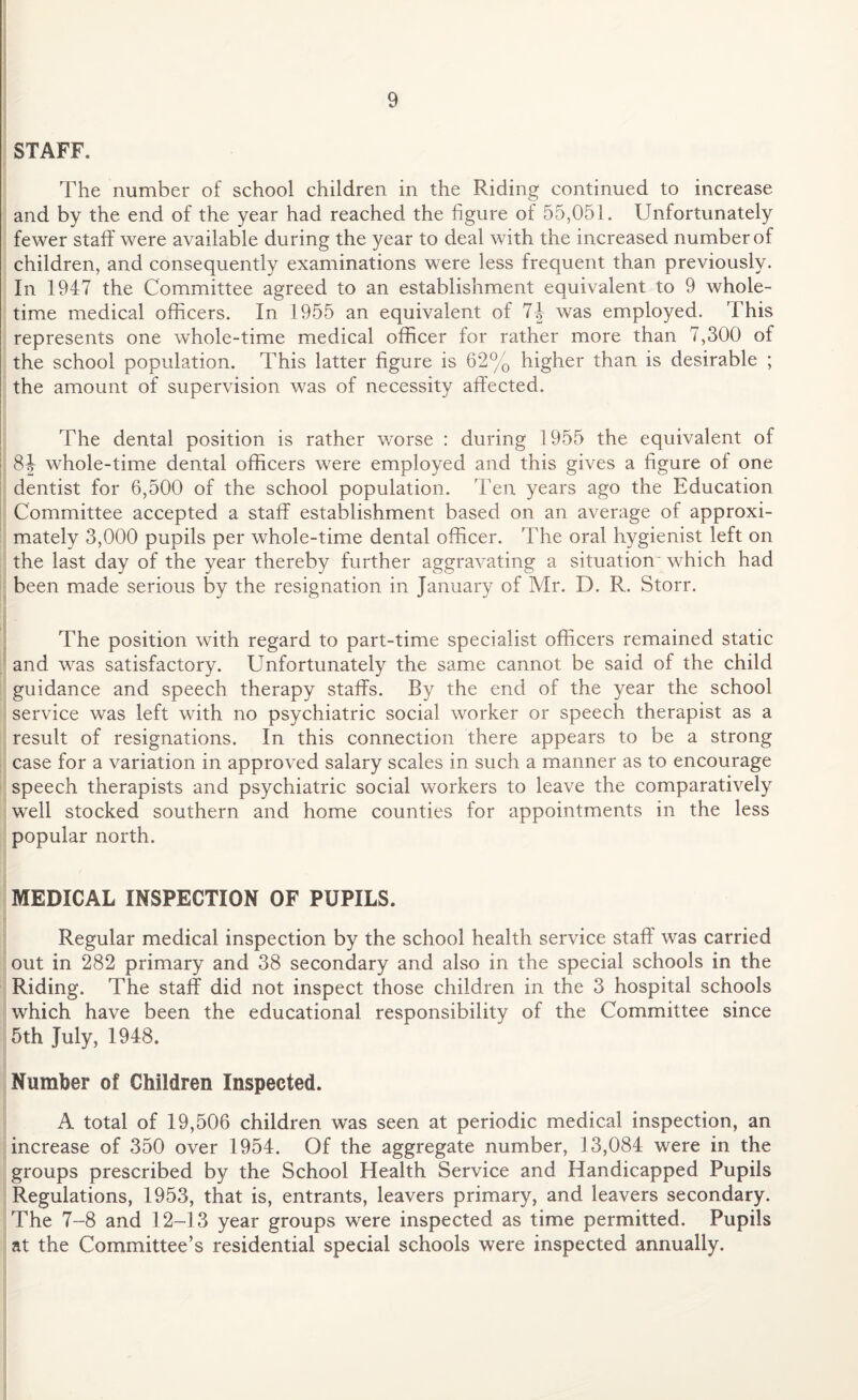 STAFF, The number of school children in the Riding continued to increase and by the end of the year had reached the figure of 55,051. Unfortunately fewer staff were available during the year to deal with the increased number of children, and consequently examinations were less frequent than previously. In 1947 the Committee agreed to an establishment equivalent to 9 whole¬ time medical officers. In 1955 an equivalent of 74 was employed. This represents one whole-time medical officer for rather more than 7,300 of the school population. This latter figure is 62% higher than is desirable ; the amount of supervision was of necessity affected. The dental position is rather worse : during 1955 the equivalent of 84 whole-time dental officers were employed and this gives a figure of one dentist for 6,500 of the school population. Ten years ago the Education Committee accepted a staff establishment based on an average of approxi¬ mately 3,000 pupils per whole-time dental officer. The oral hygienist left on the last day of the year thereby further aggravating a situation- which had been made serious by the resignation in January of Mr. D. R. Storr. The position with regard to part-time specialist officers remained static and was satisfactory. Unfortunately the same cannot be said of the child guidance and speech therapy staffs. By the end of the year the school service was left with no psychiatric social worker or speech therapist as a result of resignations. In this connection there appears to be a strong case for a variation in approved salary scales in such a manner as to encourage speech therapists and psychiatric social workers to leave the comparatively well stocked southern and home counties for appointments in the less popular north. MEDICAL INSPECTION OF PUPILS. Regular medical inspection by the school health service staff was carried out in 282 primary and 38 secondary and also in the special schools in the Riding. The staff did not inspect those children in the 3 hospital schools which have been the educational responsibility of the Committee since 5th July, 1948. Number of Children Inspected. A total of 19,506 children was seen at periodic medical inspection, an increase of 350 over 1954. Of the aggregate number, 13,084 were in the groups prescribed by the School Health Service and Handicapped Pupils Regulations, 1953, that is, entrants, leavers primary, and leavers secondary. The 7-8 and 12-13 year groups were inspected as time permitted. Pupils at the Committee’s residential special schools were inspected annually.