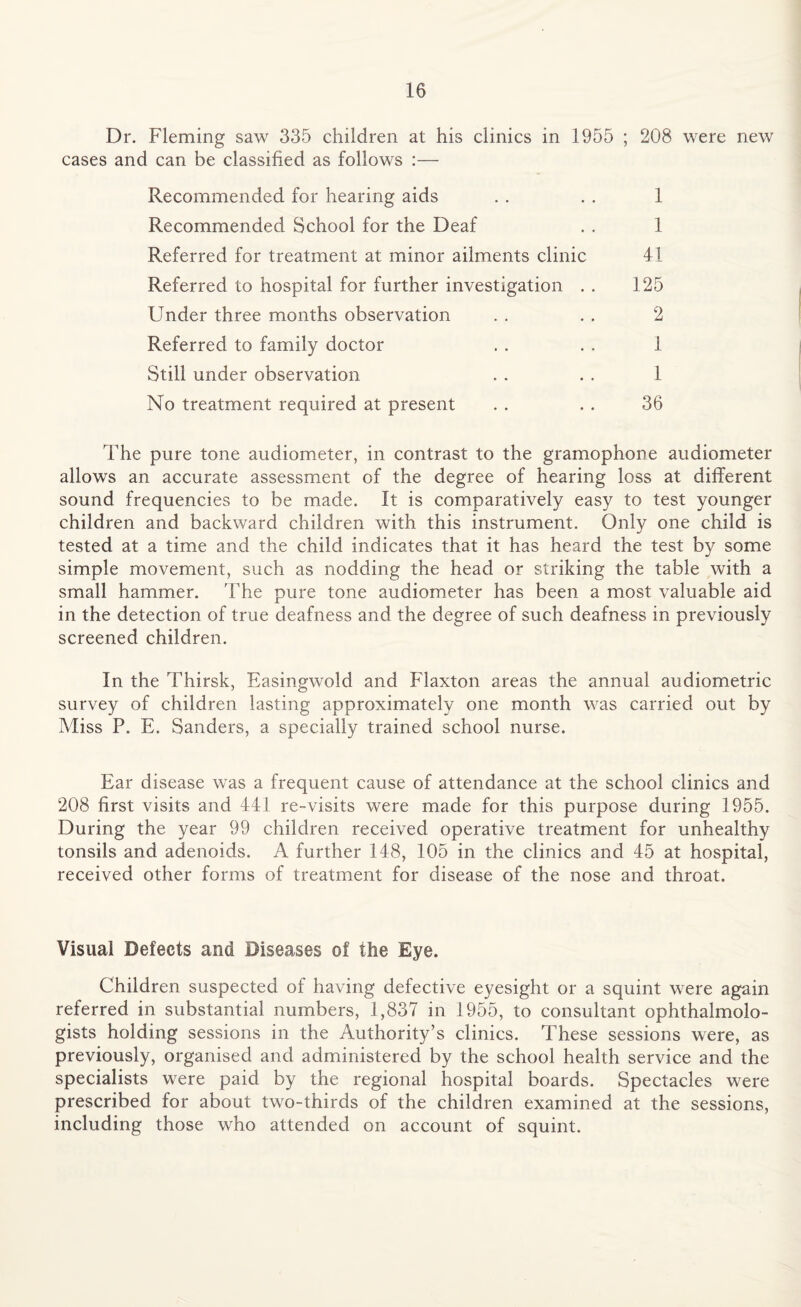 Dr. Fleming saw 335 children at his clinics in 1955 ; 208 were new cases and can be classified as follows :— Recommended for hearing aids . . . . 1 Recommended School for the Deaf . . 1 Referred for treatment at minor ailments clinic 41 Referred to hospital for further investigation . . 125 Under three months observation . . . . 2 Referred to family doctor . . . . 1 Still under observation . . . . 1 No treatment required at present . . . . 36 The pure tone audiometer, in contrast to the gramophone audiometer allows an accurate assessment of the degree of hearing loss at different sound frequencies to be made. It is comparatively easy to test younger children and backward children with this instrument. Only one child is tested at a time and the child indicates that it has heard the test by some simple movement, such as nodding the head or striking the table with a small hammer. The pure tone audiometer has been a most valuable aid in the detection of true deafness and the degree of such deafness in previously screened children. In the Thirsk, Easingwold and Flaxton areas the annual audiometric survey of children lasting approximately one month was carried out by Miss P. E. Sanders, a specially trained school nurse. Ear disease was a frequent cause of attendance at the school clinics and 208 first visits and 441 re-visits were made for this purpose during 1955. During the year 99 children received operative treatment for unhealthy tonsils and adenoids. A further 148, 105 in the clinics and 45 at hospital, received other forms of treatment for disease of the nose and throat. Visual Defects and Diseases of the Eye. Children suspected of having defective eyesight or a squint were again referred in substantial numbers, 1,837 in 1955, to consultant ophthalmolo¬ gists holding sessions in the Authority’s clinics. These sessions were, as previously, organised and administered by the school health service and the specialists were paid by the regional hospital boards. Spectacles were prescribed for about two-thirds of the children examined at the sessions, including those who attended on account of squint.
