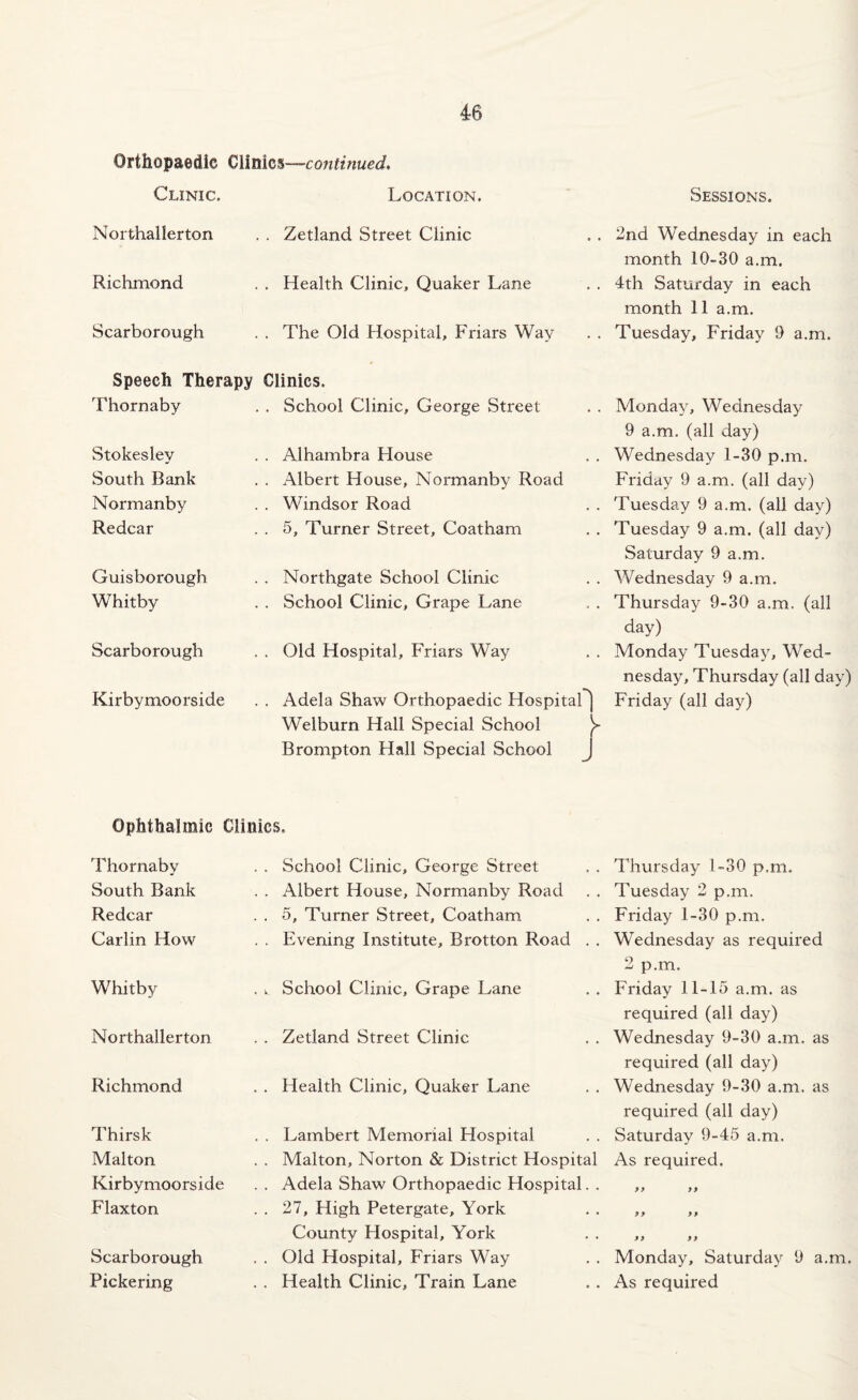 Orthopaedic Cliaicontinued* Clinic. Location. Northallerton . Zetland Street Clinic • • Richmond . Health Clinic, Quaker Lane Scarborough . The Old Hospital, Friars Way Speech Therapy Clinics. Thorn aby . School Clinic, George Street • • Stokesley . Alhambra Flouse South Rank . Albert House, Normanby Road Normanby . Windsor Road . . Redcar . 5, Turner Street, Coatham • • Guisborough . Northgate School Clinic Whitby . School Clinic, Grape Lane Scarborough . Old Hospital, Friars Way • • Kirbymoorside . Adela Shaw Orthopaedic Hospital*') Welburn Hall Special School >• Brompton Hall Special School J Ophthalmic Clinics. Thornaby South Bank Redcar Carlin How . . School Clinic, George Street . . Albert House, Normanby Road . . 5, Turner Street, Coatham . . Evening Institute, Brotton Road . . Whitb}^ , w School Clinic, Grape Lane Northallerton . . Zetland Street Clinic Richmond . . Health Clinic, Quaker Lane Thirsk Malton Kirbymoorside Flaxton Scarborough Pickering . . Lambert Memorial Hospital . . Malton, Norton & District Hospital . . Adela Shaw Orthopaedic Hospital. . . . 27, High Petergate, York County Hospital, York . . Old Hospital, Friars Way . . Health Clinic, Train Lane Sessions. 2nd Wednesday in each month 10-30 a.m. 4th Saturday in each month 11 a.m. Tuesday, Friday 9 a.m. Monday, Wednesday 9 a.m. (all day) Wednesday 1-30 p.m. Friday 9 a.m. (all day) Tuesday 9 a.m. (all day) Tuesday 9 a.m. (all day) Saturday 9 a.m. Wednesday 9 a.m. Thursday 9-30 a.m. (all day) Monday Tuesday, Wed¬ nesday, Thursday (all day) Friday (all day) Thursday 1-30 p.m. Tuesday 2 p.m. Friday 1-30 p.m. Wednesday as required 2 p.m. Friday 11-15 a.m. as required (all day) Wednesday 9-30 a.m. as required (all day) Wednesday 9-30 a.m. as required (all day) Saturday 9-45 a.m. As required. 7 7 7 7 7 7 7 7 77 7 7 Monday, Saturday 9 a.m. As required