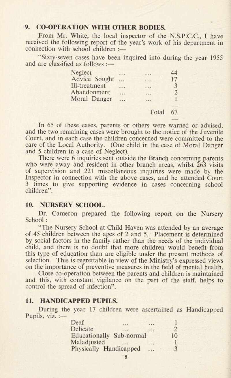 I 9. CO-OPERATION WITH OTHER BODIES. From Mr. White, the local inspector of the N.S.P.C.C., I have received the following report of the year’s work of his department in connection with school children :— “Sixty-seven cases have been inquired into during the year 1955 and are classified as follows :— Neglect ... ... 44 Advice Sought ... ... 17 Ill-treatment ... ... 3 Abandonment ... ... 2 Moral Danger ... ... 1 Total 67 In 65 of these cases, parents or others were warned or advised, and the two remaining cases were brought to the notice of the Juvenile Court, and in each case the children concerned were committed to the care of the Local Authority. (One child in the case of Moral Danger and 5 children in a case of Neglect). There were 6 inquiries sent outside the Branch concerning parents who were away and resident in other branch areas, whilst 263 visits of supervision 'and 221 miscellaneous inquiries were made by the Inspector in connection with the above cases, and he attended Court 3 times to give supporting evidence in cases concerning school children”. 10. NURSERY SCHOOL. Dr. Cameron prepared the following report on the Nursery School: “The Nursery School at Child Haven was attended by an average of 45 children between the ages of 2 and 5. Placement is determined by social factors in the family rather than the needs of the individual child, and there is no doubt that more children would benefit from this type of education than are eligible under the present methods of selection. This is regrettable in view of the Ministry’s expressed views on the importance of preventive measures in the field of mental health. Close co-operation between the parents and children is maintained and this, with constant vigilance on the part of the staff, helps to control the spread of infection”. 11. HANDICAPPED PUPILS. During the year 17 children were ascertained as Handicapped Pupils, viz. :— Deaf ... ... 1 Delicate ... ... 2 Educationally Sub-normal 10 Maladjusted ... ... 1 Physically Handicapped ... 3