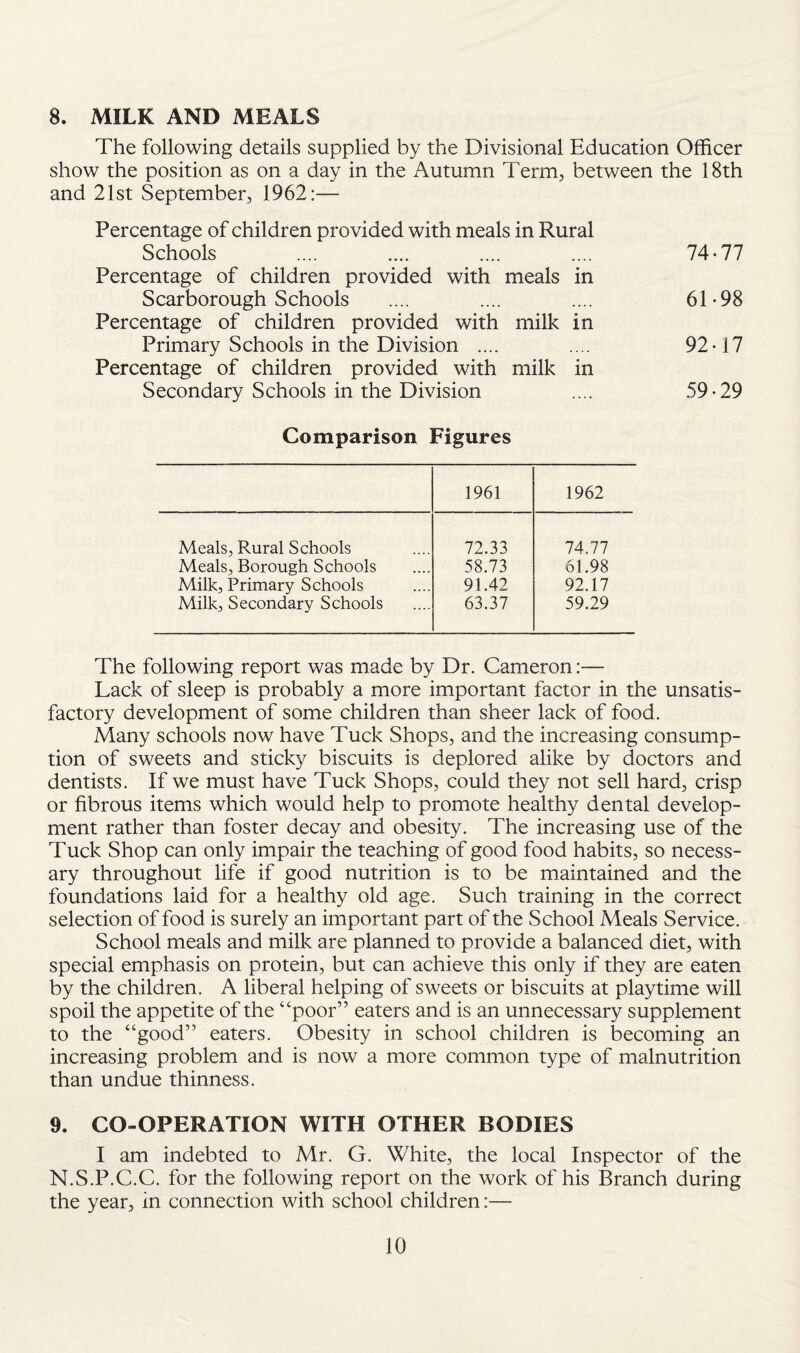 8. MILK AND MEALS The following details supplied by the Divisional Education Officer show the position as on a day in the Autumn Term, between the 18th and 21st September, 1962:— Percentage of children provided with meals in Rural Schools .... .... .... .... 74-77 Percentage of children provided with meals in Scarborough Schools .... .... .... 61-98 Percentage of children provided with milk in Primary Schools in the Division .... .... 92-17 Percentage of children provided with milk in Secondary Schools in the Division .... 59-29 Comparison Figures 1961 1962 Meals, Rural Schools 72.33 74.77 Meals, Borough Schools 58.73 61.98 Milk, Primary Schools 91.42 92.17 Milk, Secondary Schools 63.37 59.29 The following report was made by Dr. Cameron:— Lack of sleep is probably a more important factor in the unsatis¬ factory development of some children than sheer lack of food. Many schools now have Tuck Shops, and the increasing consump¬ tion of sweets and sticky biscuits is deplored alike by doctors and dentists. If we must have Tuck Shops, could they not sell hard, crisp or fibrous items which would help to promote healthy dental develop¬ ment rather than foster decay and obesity. The increasing use of the Tuck Shop can only impair the teaching of good food habits, so necess¬ ary throughout life if good nutrition is to be maintained and the foundations laid for a healthy old age. Such training in the correct selection of food is surely an important part of the School Meals Service. School meals and milk are planned to provide a balanced diet, with special emphasis on protein, but can achieve this only if they are eaten by the children. A liberal helping of sweets or biscuits at playtime will spoil the appetite of the “poor” eaters and is an unnecessary supplement to the “good” eaters. Obesity in school children is becoming an increasing problem and is now a more common type of malnutrition than undue thinness. 9. CO-OPERATION WITH OTHER BODIES I am indebted to Mr. G. White, the local Inspector of the N.S.P.C.C. for the following report on the work of his Branch during the year, in connection with school children:—