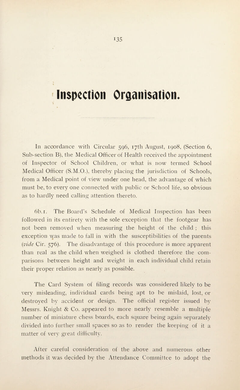 Inspection Organisation. In accordance with Circular 596, 17th August, 1908, (Section 6, Sub-section B), the Medical Officer of Health received the appointment of Inspector of School Children, or what is now termed School Medical Officer (S.M.O.), thereby placing the jurisdiction of Schools, from a Medical point of view under one head, the advantage of which must be, to every one connected with public or School life, so obvious as to hardly need calling attention thereto. 6b. 1. The Board’s Schedule of Medical Inspection has been followed in its entirety with the sole exception that the footgear has not been removed when measuring the height of the child ; this exception was made to fall in with the susceptibilities of the parents (vide Cir. 576). The disadvantage of this procedure is more apparent than real as the child when weighed is clothed therefore the com¬ parisons between height and weight in each individual child retain their proper relation as nearly as possible. The Card System of filing records was considered likely to be very misleading, individual cards being apt to be mislaid, lost, or destroyed by accident or design. The official register issued by Messrs. Knight & Co. appeared to more nearly resemble a multiple number of miniature chess boards, each square being again separately divided into further small spaces so as to render the keeping of it a matter of very great difficulty. After careful consideration of the above and numerous other methods it was decided by the Attendance Committee to adopt the