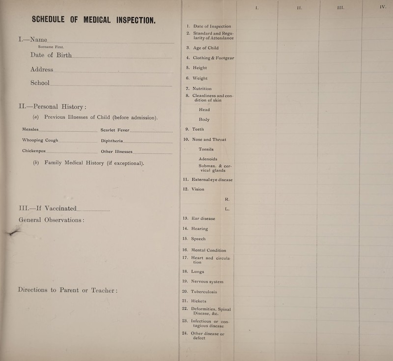 I. —Name. Surname First. Date of Birth. Address.. School. II. —Personal History : (a) Previous Illnesses of Child (before admission). Measles. Scarlet Fever. Whooping Cough. Diphtheria. Chickenpox. Other Illnesses (b) Family Medical History (if exceptional). III.—If Vaccinated General Observations : Directions to Parent or Teacher : 1. Date of Inspection 2. Standard and Regu¬ larity of Attendance 3. Age of Child 4. Clothing & Footgear 5. Height i 6. Weight 7. Nutrition 8. Cleanliness and con¬ dition of skin I Head Body 9. Teeth 10. Nose and Throat Tonsils Adenoids Submax. & cer¬ vical glands 11. External eye disease 12. Vision R. L. 13. Ear disease 14. Hearing ! 15. Speech 16. Mental Condition 17. Heart and circula tion 18. Lungs 19. Nervous system 20. Tuberculosis 21. Rickets 22. Deformities, Spinal Disease, &c. 23. Infectious or con¬ tagious disease 24. Other disease or defect