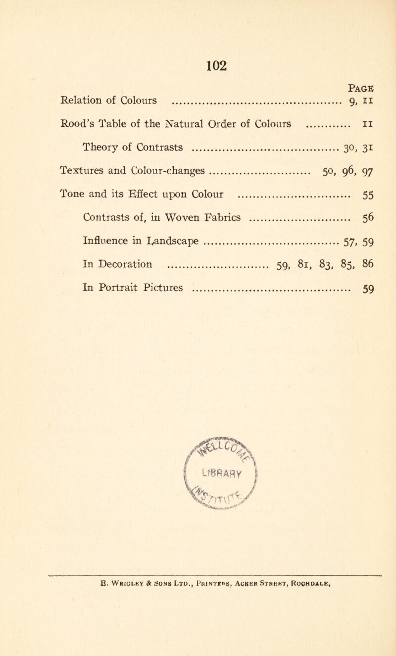 Page Relation of Colours . 9, n Rood’s Table of the Natural Order of Colours . 11 Theory of Contrasts .30, 31 Textures and Colour-changes. 50, 96, 97 Tone and its Effect upon Colour . 55 Contrasts of, in Woven Fabrics . 56 Influence in Landscape .57, 59 In Decoration . 59, 81, 83, 85, 86 In Portrait Pictures . 59 E. Wrigley & Sons Ltd., Printers, Acker Street, Rochdale,