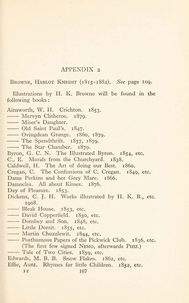 Browne, Hablot Knight (1815-1882). See page 109. Illustrations by H. K. Browne will be found in the following books : Ainsworth, W. H. Crichton. 1853. -Mervyn Clitheroe. 1879. - Miser’s Daughter. - Old Saint Paul’s. 1847. - Ovingdean Grange, i860, 1879. - The Spendthrift. 1857, 1879. - The Star Chamber. 1879. Byron, G. C. N. The Illustrated Byron. 1854, etc. C., E. Morals from the Churchyard. 1838. Caldwell, H. The Art of doing our Best. i860. Cregan, C. The Confessions of C. Cregan. 1849, etc. Dame Perkins and her Grey Mare. 1866. Damocles. All about Kisses. 1876. Day of Pleasure. 1853. Dickens, C. J. H. Works illustrated by H. K. B., etc. 1908. - Bleak House. 1853, etc. - David Copperfield, 1850, etc. - Dombey and Son. 1848, etc. - Little Dorrit. 1855, etc. - Martin Chuzzlewit. 1844, etc. - Posthumous Papers of the Pickwick Club. 1836, etc. (The first few signed Nemo, afterwards Phiz.) - Tale of Two Cities. 1859, etc. Edwards, M. B. B. Snow Flakes. 1862, etc. Effie, Aunt. Rhymes for little Children. 1852, etc.