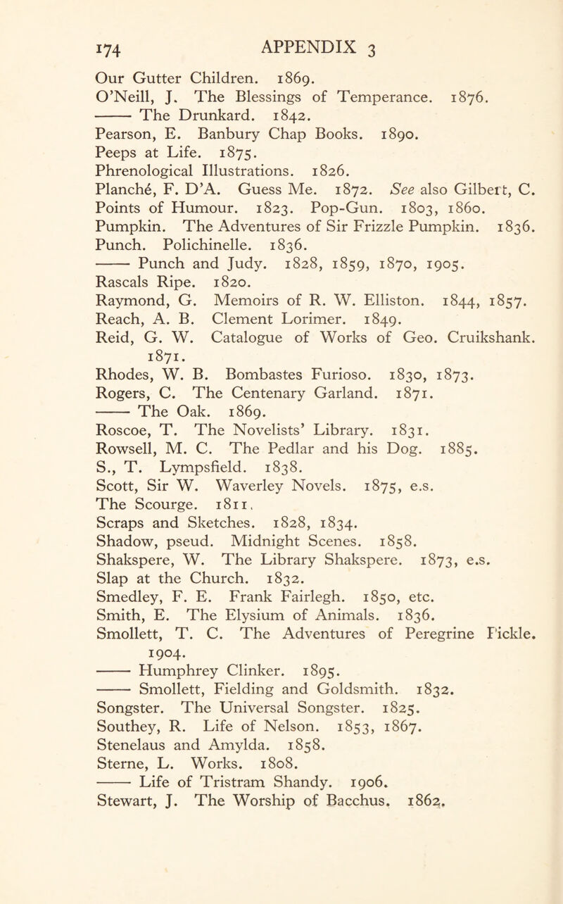 Our Gutter Children. 1869. O’Neill, J. The Blessings of Temperance. 1876. - The Drunkard. 1842. Pearson, E. Banbury Chap Books. 1890. Peeps at Life. 1875. Phrenological Illustrations. 1826. Planche, F. D’A. Guess Me. 1872. See also Gilbert, C. Points of Humour. 1823. Pop-Gun. 1803, i860. Pumpkin. The Adventures of Sir Frizzle Pumpkin. 1836. Punch. Polichinelle. 1836. - Punch and Judy. 1828, 1859, 1870, 1905. Rascals Ripe. 1820. Raymond, G. Memoirs of R. W. Elliston. 1844, 1857. Reach, A. B. Clement Lorimer. 1849. Reid, G. W. Catalogue of Works of Geo. Cruikshank. 1871. Rhodes, W. B. Bombastes Furioso. 1830, 1873. Rogers, C. The Centenary Garland. 1871. - The Oak. 1869. Roscoe, T. The Novelists’ Library. 1831. Rowsell, M. C. The Pedlar and his Dog. 1885. S., T. Lympsfield. 1838. Scott, Sir W. Waverley Novels. 1875, e.s. The Scourge. 1811. Scraps and Sketches. 1828, 1834. Shadow, pseud. Midnight Scenes. 1858. Shakspere, W. The Library Shakspere. 1873, e.s. Slap at the Church. 1832. Smedley, F. E. Frank Fairlegh. 1850, etc. Smith, E. The Elysium of Animals. 1836. Smollett, T. C. The Adventures of Peregrine Fickle. 1904. - Humphrey Clinker. 1895. - Smollett, Fielding and Goldsmith. 1832. Songster. The Universal Songster. 1825. Southey, R. Life of Nelson. 1853, 1867. Stenelaus and Amylda. 1858. Sterne, L. Works. 1808. - Life of Tristram Shandy. 1906. Stewart, J. The Worship of Bacchus. 1862.