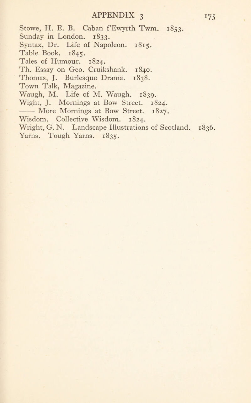 Stowe, H. E. B. Caban f’Ewyrth Twm. 1853. Sunday in London. 1833. Syntax, Dr. Life of Napoleon. 1815. Table Book. 1845. Tales of Humour. 1824. Th. Essay on Geo. Cruikshank. 1840. Thomas, J. Burlesque Drama. 1838. Town Talk, Magazine. Waugh, M. Life of M. Waugh. 1839. Wight, J. Mornings at Bow Street. 1824. - More Mornings at Bow Street. 1827. Wisdom. Collective Wisdom. 1824. Wright, G. N. Landscape Illustrations of Scotland. 1836. Yarns. Tough Yarns. 1835.