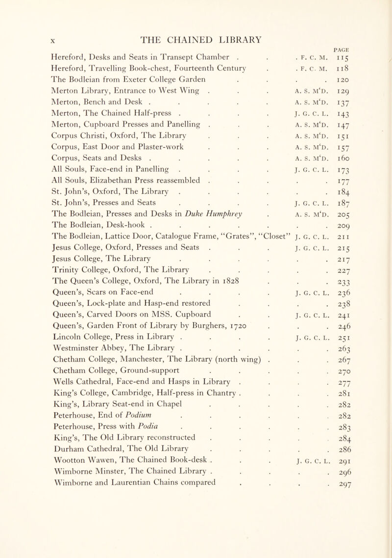 Hereford, Desks and Seats in Transept Chamber . . F. C. M. PAGE ”5 Hereford, Travelling Book-chest, Fourteenth Century . F. C. M. 118 The Bodleian from Exeter College Garden • • 120 Merton Library, Entrance to West Wing A. S. M‘D. 129 Merton, Bench and Desk ..... A. S. M‘D. *37 Merton, The Chained Half-press .... J. G. C. L. I43 Merton, Cupboard Presses and Panelling . A. S. m‘d. H7 Corpus Christi, Oxford, The Library A. S. M‘D. *5* Corpus, East Door and Plaster-work A. S. M‘D. I57 Corpus, Seats and Desks ..... A. S. m‘d. 160 All Souls, Face-end in Panelling .... J. G. C. L. *73 All Souls, Elizabethan Press reassembled . • • I77 St. John’s, Oxford, The Library .... • • 184 St. John’s, Presses and Seats .... J. G. C. L. 00 1—i The Bodleian, Presses and Desks in Duke Humphrey A. S. M‘D. 205 The Bodleian, Desk-hook ..... • , 209 The Bodleian, Lattice Door, Catalogue Frame, “Grates”, “Closet” J. G. C. L. 211 Jesus College, Oxford, Presses and Seats J. G. C. L. 2I5 Jesus College, The Library .... • 217 Trinity College, Oxford, The Library • • 227 The Queen’s College, Oxford, The Library in 1828 • • 233 Queen’s, Scars on Face-end .... J. G. C. L. 236 Queen’s, Lock-plate and Hasp-end restored • • 238 Queen’s, Carved Doors on MSS. Cupboard J. G. C. L. 241 Queen’s, Garden Front of Library by Burghers, 1720 • • 246 Lincoln College, Press in Library .... J. G. C. L. 251 Westminster Abbey, The Library .... • 263 Chetham College, Manchester, The Library (north wing) . • 267 Chetham College, Ground-support . 270 Wells Cathedral, Face-end and Hasps in Library . • 277 King’s College, Cambridge, Half-press in Chantry . • 281 King’s, Library Seat-end in Chapel . 282 Peterhouse, End of Podium .... . ca 00 w Peterhouse, Press with Podia .... . 283 King’s, The Old Library reconstructed . 284 Durham Cathedral, The Old Library • • 286 Wootton Wawen, The Chained Book-desk . J. G. C. L. 291 Wimborne Minster, The Chained Library . * • 296 Wimborne and Laurentian Chains compared • • 297