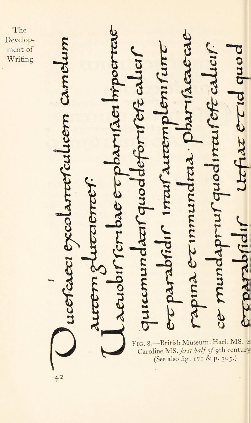 Develop¬ ment of Writing Fig. g.—British Museum: Harl. MS. 2 Caroline MS. first half of 9th century (See also fig. 171 & p- 3°5-)