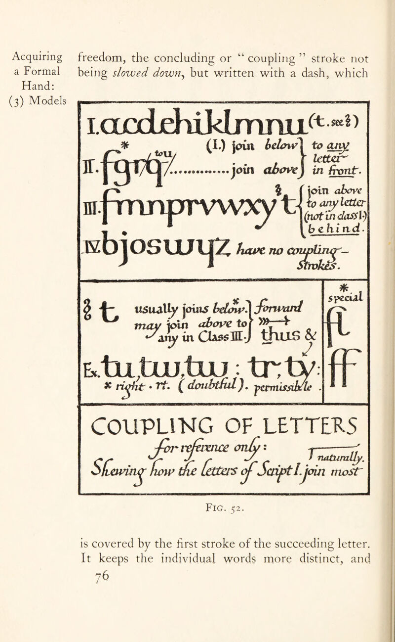 a Formal Hand: (3) Models being slowed down, but written with a dash, which IT. fiH* (I.) Join helowX to any f lettar ►♦........join aboveJ in front. _ if join above Hjrnnprvwxy tWjs, KbjOSlUl|k have I behi ad. no urn* 3 4~ usually iobis belxnv\ finvanl v Li /J —i. usuauy puts below A jonvam ^ rauy pin tof ^ 4-| ^any in CU55 TH J thus & | u F tu tXU tULJ: trtV # riqht; • ft. f doubtful). jttrniissihlb • SpSol fF COUPLING OF LETTERS reference only' --y Y~ r f r C naturally. Okemno- how the letters of Script I. join most Fig. 52. is covered by the first stroke of the succeeding letter. It keeps the individual words more distinct, and