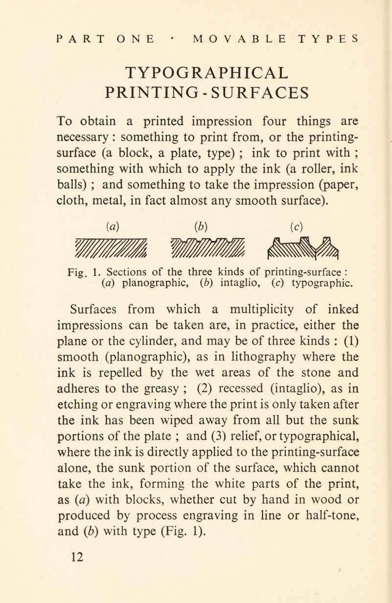 PART ONE * MOVABLE TYPES TYPOGRAPHICAL PRINTING - SURFACES To obtain a printed impression four things are necessary: something to print from, or the printing- surface (a block, a plate, type) ; ink to print with ; something with which to apply the ink (a roller, ink balls) ; and something to take the impression (paper, cloth, metal, in fact almost any smooth surface). [a) (b) (c) Fig. 1. Sections of the three kinds of printing-surface: (a) planographic, (b) intaglio, (c) typographic. Surfaces from which a multiplicity of inked impressions can be taken are, in practice, either the plane or the cylinder, and may be of three kinds : (1) smooth (planographic), as in lithography where the ink is repelled by the wet areas of the stone and adheres to the greasy ; (2) recessed (intaglio), as in etching or engraving where the print is only taken after the ink has been wiped away from all but the sunk portions of the plate ; and (3) relief, or typographical, where the ink is directly applied to the printing-surface alone, the sunk portion of the surface, which cannot take the ink, forming the white parts of the print, as (a) with blocks, whether cut by hand in wood or produced by process engraving in line or half-tone, and (b) with type (Fig. 1).