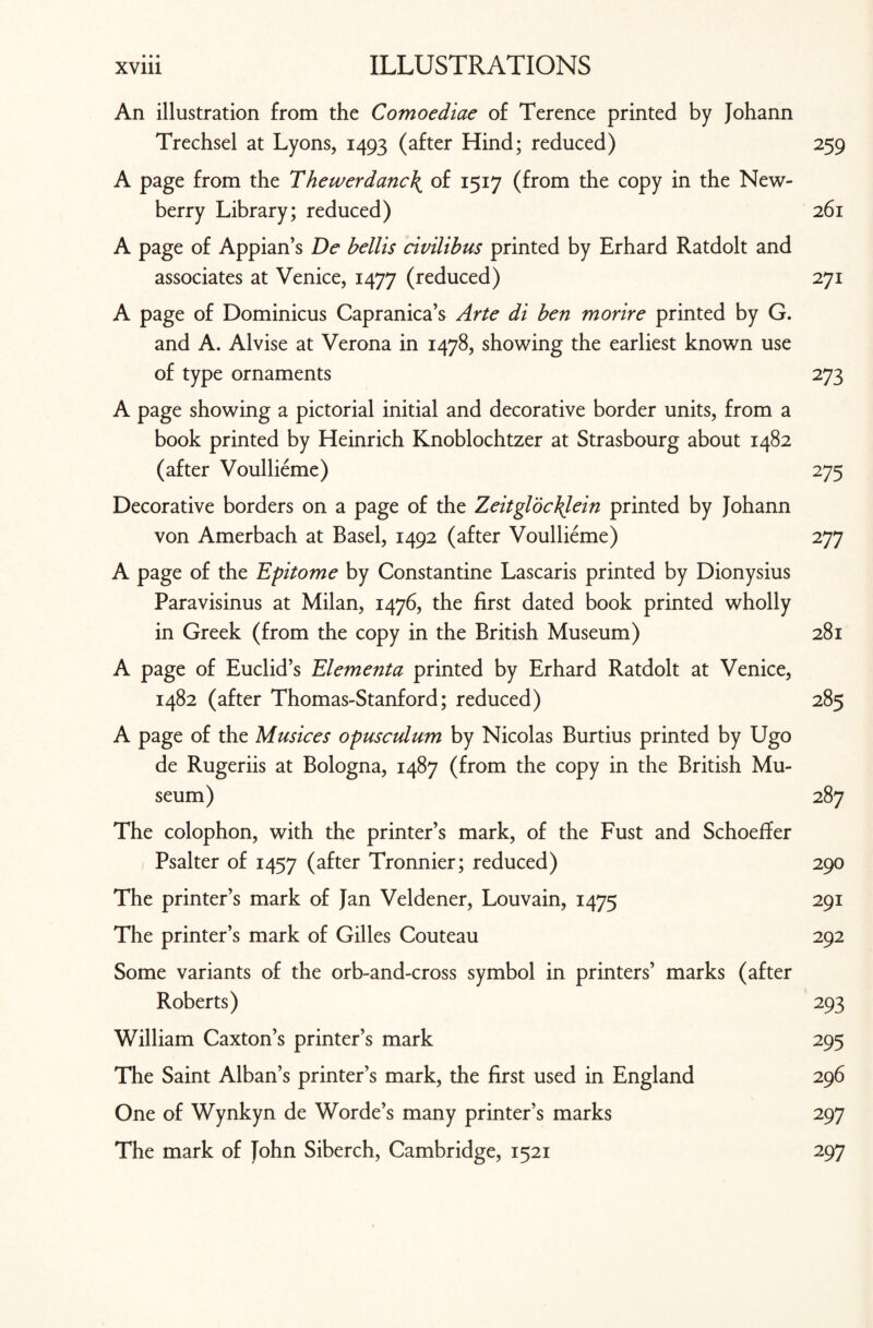 An illustration from the Comoediae of Terence printed by Johann Trechsel at Lyons, 1493 (after Hind; reduced) 259 A page from the Thewerdanc\ of 1517 (from the copy in the New¬ berry Library; reduced) 261 A page of Appian’s De bellis civilibus printed by Erhard Ratdolt and associates at Venice, 1477 (reduced) 271 A page of Dominicus Capranica’s Arte di ben morire printed by G. and A. Alvise at Verona in 1478, showing the earliest known use of type ornaments 273 A page showing a pictorial initial and decorative border units, from a book printed by Heinrich Knoblochtzer at Strasbourg about 1482 (after Voullieme) 275 Decorative borders on a page of the Zeitglochlein printed by Johann von Amerbach at Basel, 1492 (after Voullieme) 277 A page of the Epitome by Constantine Lascaris printed by Dionysius Paravisinus at Milan, 1476, the first dated book printed wholly in Greek (from the copy in the British Museum) 281 A page of Euclid’s Elementa printed by Erhard Ratdolt at Venice, 1482 (after Thomas-Stanford; reduced) 285 A page of the Musices opusculum by Nicolas Burtius printed by Ugo de Rugeriis at Bologna, 1487 (from the copy in the British Mu¬ seum) 287 The colophon, with the printer’s mark, of the Fust and Schoeffer Psalter of 1457 (after Tronnier; reduced) 290 The printer’s mark of Jan Veldener, Louvain, 1475 291 The printer’s mark of Gilles Couteau 292 Some variants of the orb-and-cross symbol in printers’ marks (after Roberts) 293 William Caxton’s printer’s mark 295 The Saint Alban’s printer’s mark, the first used in England 296 One of Wynkyn de Worde’s many printer’s marks 297 The mark of John Siberch, Cambridge, 1521 297