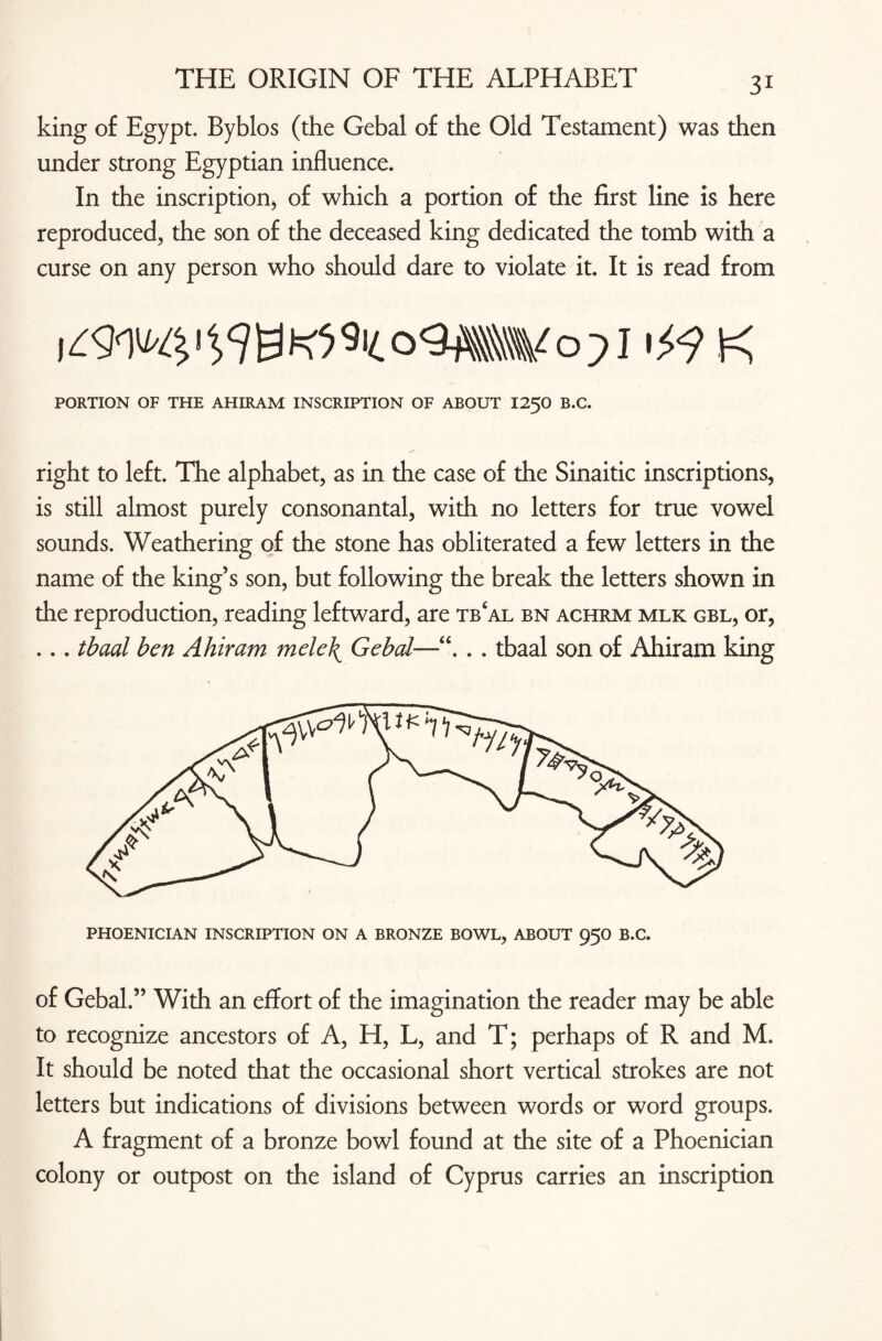 king of Egypt. Byblos (the Gebal of the Old Testament) was then under strong Egyptian influence. In the inscription, of which a portion of the first line is here reproduced, the son of the deceased king dedicated the tomb with a curse on any person who should dare to violate it. It is read from PORTION OF THE AHIRAM INSCRIPTION OF ABOUT I25O B.C. right to left. The alphabet, as in the case of the Sinaitic inscriptions, is still almost purely consonantal, with no letters for true vowel sounds. Weathering of the stone has obliterated a few letters in the name of the king’s son, but following the break the letters shown in the reproduction, reading leftward, are tbcal bn achrm mlk gbl, or, ... tbaal ben Ahiram mele\ Gebal—“. . . tbaal son of Ahiram king of Gebal.” With an effort of the imagination the reader may be able to recognize ancestors of A, H, L, and T; perhaps of R and M. It should be noted that the occasional short vertical strokes are not letters but indications of divisions between words or word groups. A fragment of a bronze bowl found at the site of a Phoenician colony or outpost on the island of Cyprus carries an inscription