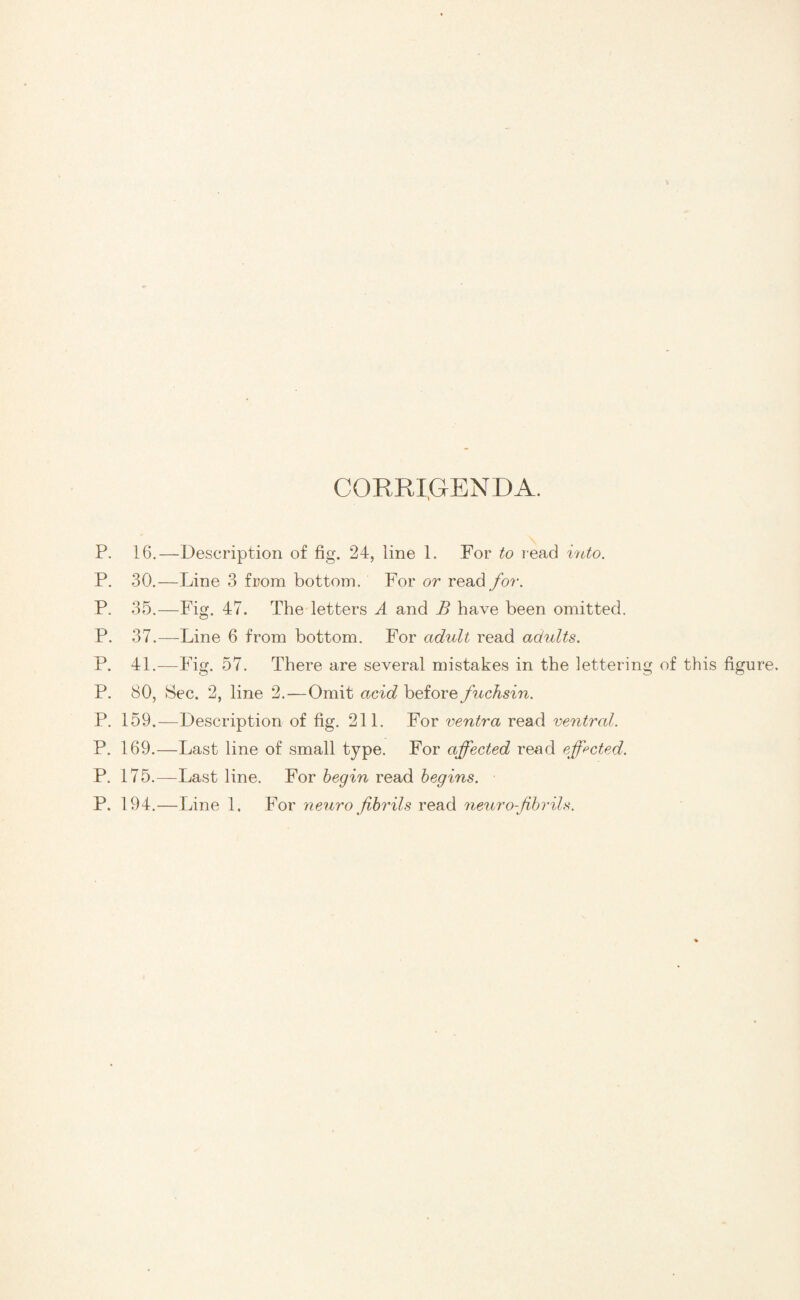 CORRIGENDA. P. 16.—Description of fig. 24, line 1. For to read into. P. 30.—Line 3 from bottom. For or read for. P. 35.—Fig. 47. The letters A and B have been omitted. P. 37.—Line 6 from bottom. For adult read adults. P. 41.—Fig. 57. There are several mistakes in the lettering of this figure. P. 80, Sec. 2, line 2.—Omit acid before fuchsin. P. 159.—Description of fig. 211. For ventra read ventral. P. 169.—Last line of small type. For affected read effected. P. 175.—Last line. For begin read begins. P. 194.—Line 1. For neuro fibrils read neuro-fibrils.