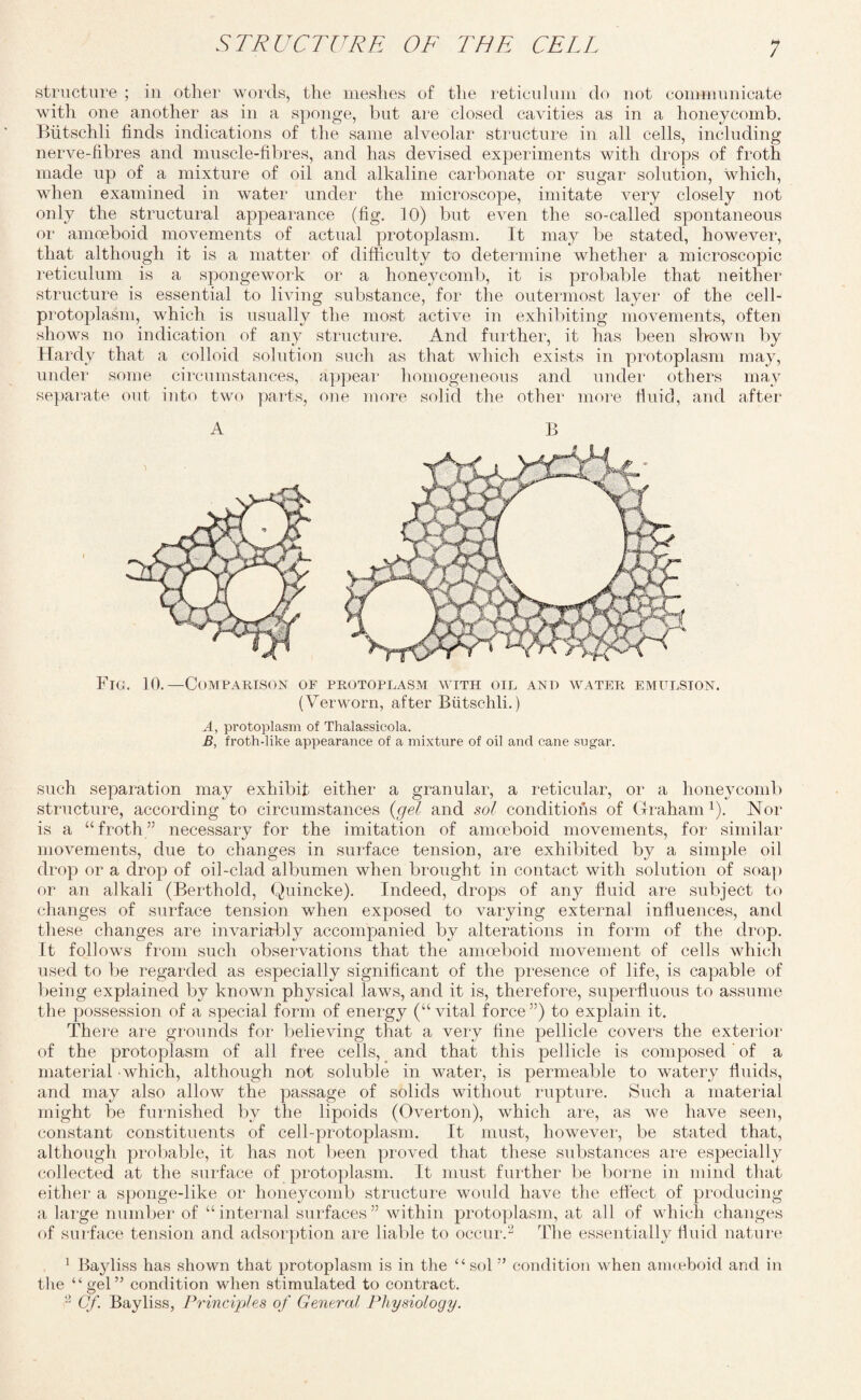 structure ; in other words, the meshes of the reticulum do not communicate with one another as in a sponge, but are closed cavities as in a honeycomb. Biitschli finds indications of the same alveolar structure in all cells, including nerve-fibres and muscle-fibres, and has devised experiments with drops of froth made up of a mixture of oil and alkaline carbonate or sugar solution, which, when examined in water under the microscope, imitate very closely not only the structural appearance (fig. 10) but even the so-called spontaneous or amoeboid movements of actual protoplasm. It may be stated, however, that although it is a matter of difficulty to determine whether a microscopic reticulum is a spongewoi‘k or a honeycomb, it is probable that neither structure is essential to living substance, for the outermost layer of the cell- protoplasm, which is usually the most active in exhibiting movements, often shows no indication of any structure. And further, it has been shown by Hardy that a colloid solution such as that which exists in protoplasm may, under some circumstances, appear homogeneous and under others may separate out into two parts, one more solid the other more fluid, and after A B Fig. 10.—Comparison of protoplasm with oil and water emulsion. (Verworn, after Biitschli.) A, protoplasm of Thalassieola. B, froth-like appearance of a mixture of oil and cane sugar. such separation may exhibit either a granular, a reticular, or a honeycomb structure, according to circumstances (gel and sol conditions of Graham 1). Nor is a “froth” necessary for the imitation of amoeboid movements, for similar movements, due to changes in surface tension, are exhibited by a simple oil drop or a drop of oil-clad albumen when brought in contact with solution of soap or an alkali (Berthold, Quincke). Indeed, drops of any fluid are subject to changes of surface tension when exposed to varying external influences, and these changes are invariably accompanied by alterations in form of the drop. It follows from such observations that the amoeboid movement of cells which used to be regarded as especially significant of the presence of life, is capable of being explained by known physical laws, and it is, therefore, superfluous to assume the possession of a special form of energy (“vital force”) to explain it. There are grounds for believing that a very fine pellicle covers the exterior of the protoplasm of all free cells, and that this pellicle is composed of a material which, although not soluble in water, is permeable to watery fluids, and may also allow the passage of solids without rupture. Such a material might be furnished by the lipoids (Overton), which are, as we have seen, constant constituents of cell-protoplasm. It must, however, be stated that, although probable, it has not been proved that these substances are especially collected at the surface of protoplasm. It must further be borne in mind that either a sponge-like or honeycomb structure would have the effect of producing a large number of “internal surfaces” within protoplasm, at all of which changes of surface tension and adsorption are liable to occur.2 The essentially fluid nature 1 Bayliss has shown that protoplasm is in the “sol ” condition when amoeboid and in the “gel” condition when stimulated to contract. 2 Cf. Bayliss, Principles of General Physiology.