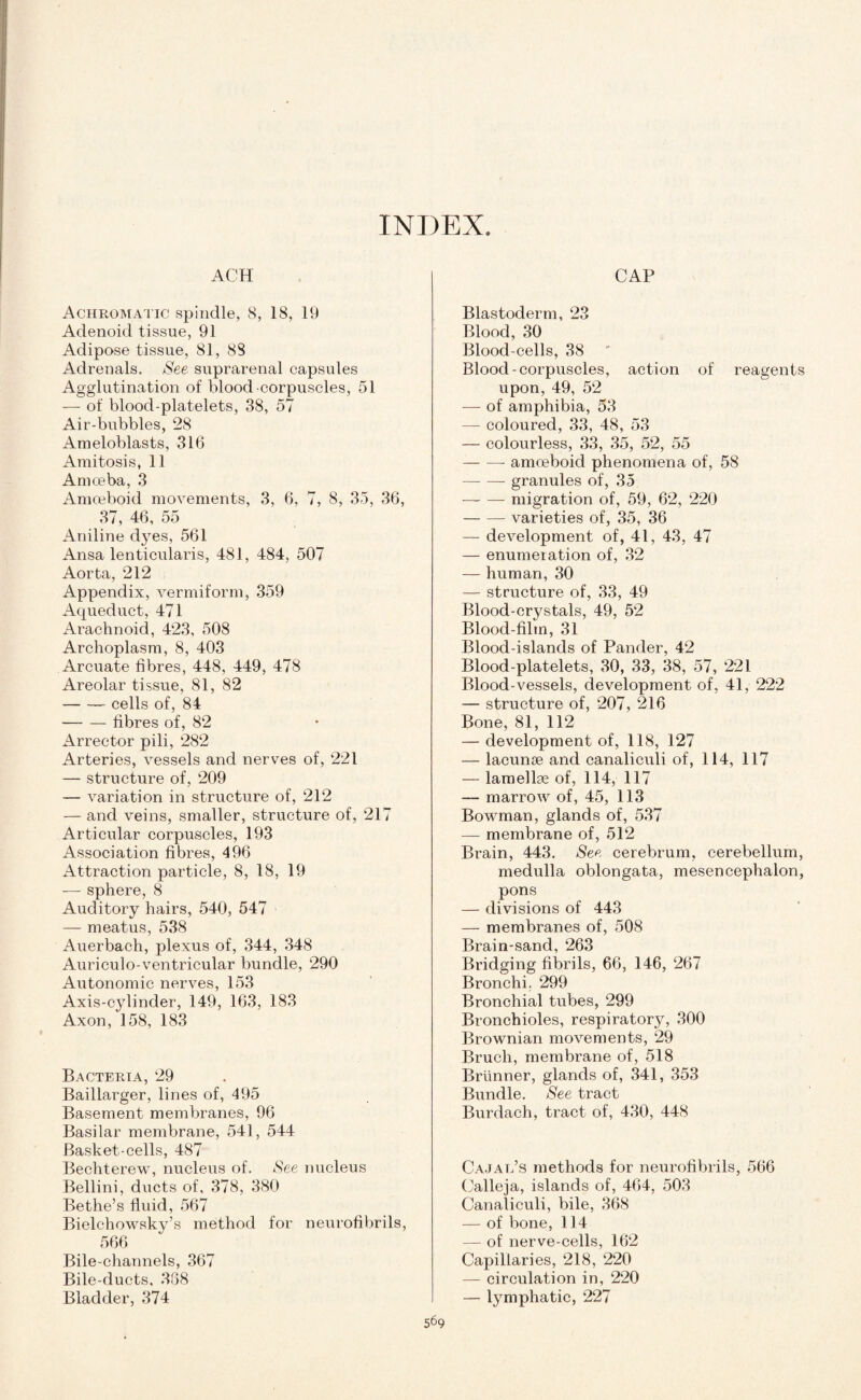 ACH Achromatic spindle, 8, 18, 19 Adenoid tissue, 91 Adipose tissue, 81, 88 Adrenals. See suprarenal capsules Agglutination of blood corpuscles, 51 — of blood-platelets, 38, 57 Air-bubbles, 28 Ameloblasts, 316 Araitosis, 11 Amoeba, 3 Amoeboid movements, 3, 6, 7, 8, 35, 36, 37, 46, 55 Aniline d}Tes, 561 Ansa lenticularis, 481, 484, 507 Aorta, 212 Appendix, vermiform, 359 Aqueduct, 471 Arachnoid, 423, 508 Archoplasm, 8, 403 Arcuate fibres, 448, 449, 478 Areolar tissue, 81, 82 -cells of, 84 -fibres of, 82 Arrector pili, 282 Arteries, vessels and nerves of, 221 — structure of, 209 — variation in structure of, 212 — and veins, smaller, structure of, 217 Articular corpuscles, 193 Association fibres, 496 Attraction particle, 8, 18, 19 — sphere, 8 Auditory hairs, 540, 547 — meatus, 538 Auerbach, plexus of, 344, 348 Auriculo-ventricular bundle, 290 Autonomic nerves, 153 Axis-cylinder, 149, 163, 183 Axon, 158, 183 Bacteria, 29 Baillarger, lines of, 495 Basement membranes, 96 Basilar membrane, 541, 544 Basket-cells, 487 Bechterew, nucleus of. See nucleus Bellini, ducts of, 378, 380 Bethe’s fluid, 567 Bielchowsky’s method for neurofibrils, 566 Bile-channels, 367 Bile-ducts, 388 Bladder, 374 CAP Blastoderm, 23 Blood, 30 Blood-cells, 38 Blood-corpuscles, action of reagents upon, 49, 52 — of amphibia, 53 — coloured, 33, 48, 53 — colourless, 33, 35, 52, 55 -- amoeboid phenomena of, 58 -granules of, 35 -- migration of, 59, 62, 220 -varieties of, 35, 36 — development of, 41, 43, 47 — enumeration of, 32 — human, 30 — structure of, 33, 49 Blood-crystals, 49, 52 Blood-film, 31 Blood-islands of Pander, 42 Blood-platelets, 30, 33, 38, 57, 221 Blood-vessels, development of, 41, 222 — structure of, 207, 216 Bone, 81, 112 — development of, 118, 127 — lacunse and canaliculi of, 114, 117 — lamellae of, 114, 117 — marrow of, 45, 113 Bowman, glands of, 537 — membrane of, 512 Brain, 443. See cerebrum, cerebellum, medulla oblongata, mesencephalon, pons — divisions of 443 — membranes of, 508 Brain-sand, 263 Bridging fibrils, 66, 146, 267 Bronchi. 299 Bronchial tubes, 299 Bronchioles, respiratory, 300 Brownian movements, 29 Bruch, membrane of, 518 Brunner, glands of, 341, 353 Bundle. See tract Burdach, tract of, 430, 448 Cajal’s methods for neurofibrils, 566 Calleja, islands of, 464, 503 Canaliculi, bile, 368 — of bone, 114 — of nerve-cells, 162 Capillaries, 218, 220 — circulation in, 220 — lymphatic, 227