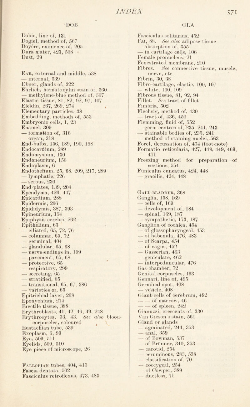 DOB Dobie, line of, 131 Dogiel, method of, 567 Doyere, eminence of, 205 Dura mater, 423, 508 Dust, 29 Ear, external and middle, 538 — internal, 539 Ebner, glands of, 322 Ehrlich, haematoxylin stain of, 560 — methylene-blue method of, 567 Elastic tissue, 81, 82, 92, 97, 107 Eleidin, 267, 269, 274 Elementary particles, 38 Embedding, methods of, 553 Embryonic cells, 1, 23 Enamel, 309 — formation of, 316 —- organ, 318 End-bulbs, 156, 189, 190, 198 Endocardium, 289 Endomysium, 130 Endoneurium, 156 Endoplasm, 6 Endothelium, 25, 68. 209, 217, 289 — lymphatic, 226 — serous, 230 End-plates, 139, 204 Epemtyma, 426, 447 Epicardium, 288 Epidermis, 266 Epididymis, 387, 393 Epineurium, 154 Epiphysis cerebri, 262 Epithelium, 63 — ciliated, 65, 72, 76 — columnar, 65, 72 — germinal, 404 — glandular, 65, 68 — nerve-endings in, 199 — pavement, 65, 68 — protective, 65 — respiratory, 299 — secreting, 65 — stratified, 65 — transitional, 65, 67, 386 — varieties of, 65 Epitrichial layer, 268 Eponychium, 274 Erectile tissue, 388 Erythroblasts, 41, 42, 46, 49, 248 Erythrocytes, 33, 43. See also blood- corpuscles, coloured Eustachian tube, 539 Exoplasm, 6, 99 Eye, 509, 511 Eyelids, 509, 510 Eye-piece of microscope, 26 Fallopian tubes, 404, 413 Fasoia dentata, 502 Fasciculus retroflexus, 473, 483 (4 LA Fasciculus solitarius, 452 Fat, 88. See also adipose tissue — absorption of, 355 — in cartilage cells, 106 Female pronucleus, 21 Fenestrated membrane, 210 Fibres. See connective tissue, muscle, nerve, etc. Fibrin, 30, 38 Fibro-cartilage, elastic, 100, 107 — white, 100, 109 Fibrous tissue, 81, 92, 94 Fillet. See tract of fillet Fimbria, 502 Flechsig, method of, 430 — tract of, 436, 450 Flemming, fluid of, 552 — germ centres of, 235, 241, 243 — stainable bodies of, 235, 241 — method of staining nuclei, 563 Forel, decussation of, 474 (foot-note) Formatio reticularis, 427, 448, 449, 469, 471 Freezing method for preparation of sections, 554 Funiculus cuneatus, 424, 448 — gracilis, 424, 448 Gall-bladder, 368 Ganglia, 158, 169 — cells of, 169 — development of, 184 — spinal, 169, 187 — sympathetic, 173, 187 Ganglion of cochlea, 454 — of glossopharyngeal, 453 — of habenula, 476, 483 — of Scarpa, 454 — of vagus, 452 — Gasserian, 463 — geniculate, 462 — interpeduncular, 47b Gas-chamber, 72 Genital corpuscles, 193 Gennari, line of, 495 Germinal spot, 408 — vesicle, 408 Giant-cells of cerebrum, 492 -of marrow, 46 --of spleen, 242 Gianuzzi, crescents of, 330 Van Gieson’s stain, 561 Gland or glands — agminated, 244, 353 — anal, 359 — of Bowman, 537 - of Brunner, 340, 353 — carotid, 254 — ceruminous, 285, 538 — classification of, 70 — coccygeal, 254 — of Cowper, 389 — ductless, 71