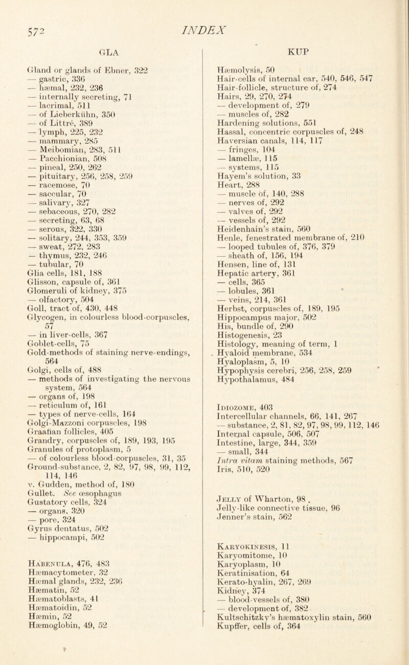 GLA Gland or glands of Ebner, 322 — gastric, 336 — haemal, 232, 236 — internally secreting, 71 — lacrimal, 511 — of Lieberkhhn, 350 — of Littre, 389 — lymph, 225, 232 — mammary, 285 — Meibomian, 283, 511 — Pacchionian, 508 — pineal, 250, 262 — pituitary, 256, 258, 259 — racemose, 70 — saccular, 70 — salivary, 327 — sebaceous, 270, 282 -— secreting, 63, 68 — serous, 322, 330 — solitary, 244, 353, 359 — sweat, 272, 283 — thymus, 232, 246 — tubular, 70 Glia cells, 181, 188 Glisson, capsule of, 361 Glomeruli of kidney, 375 — olfactory, 504 Goll, tract of, 430, 448 Glycogen, in colourless blood-corpuscles, 57 — in liver-cells, 367 Goblet-cells, 75 Gold-methods of staining nerve-endings, 564 Golgi, cells of, 488 — methods of investigating the nervous system, 564 — organs of, 198 — reticulum of, 161 — types of nerve-cells, 164 Golgi-Mazzoni corpuscles, 198 Graafian follicles, 405 Grandry, corpuscles of, 189, 193, 195 Granules of protoplasm, 5 — of colourless blood-corpuscles, 31, 35 Ground-substance, 2, 82, 97, 98, 99, 112, 114, 146 v. Gudden, method of, 180 Gullet. See oesophagus Gustatory cells, 324 — organs, 320 — pore, 324 Gyrus dentatus, 502 — hippocampi, 502 Habenula, 476, 483 Hemacytometer, 32 Hemal glands, 232, 236 Hsematin, 52 Hematoblasts, 41 Hematoiclin, 52 Haemin, 52 Haemoglobin, 49, 52 KUP Haemolysis, 50 Hair-cells of internal ear, 540, 546, 547 Hair-follicle, structure of, 274 Hairs, 29, 270, 274 — development of, 279 — muscles of, 282 Hardening solutions, 551 Hassal, concentric corpuscles of, 248 Haversian canals, 114, 117 — fringes, 104 — lamellae, 115 — systems, 115 Hayem’s solution, 33 Heart, 288 — muscle of, 140, 288 — nerves of, 292 — valves of, 292 — vessels of, 292 Heidenhain’s stain, 560 Henle, fenestrated membrane of, 210 — looped tubules of, 376, 379 — sheath of, 156, 194 Hensen, line of, 131 Hepatic artery, 361 — cells, 365 — lobules, 361 — veins, 214, 361 Herbst, corpuscles of, 189, 195 Hippocampus major, 502 His, bundle of, 290 Histogenesis, 23 Histology, meaning of term, 1 . Hyaloid membrane, 534 Hj^aloplasm, 5, 10 Hypophysis cerebri, 256, 258, 259 Hypothalamus, 484 Idiozome, 403 Intercellular channels, 66, 141, 267 — substance, 2, 81, 82, 97, 98, 99, 112, 146 Internal capsule, 506, 507 Intestine, large, 344, 359 — small, 344 Intra vitam staining methods, 567 Iris, 510, 520 Jelly of Wharton, 98 , Jelly-like connective tissue, 96 Jenner’S' stain, 562 Karyokinesis, 11 Karyomitome, 10 Karyoplasm, 10 Keratinisation, 64 Kerato-hyalin, 267, 269 Kidney, 374 — blood-vessels of, 380 — development of, 382 Kultschitzky’s hematoxjdin stain, 560 Kupffer, cells of, 364