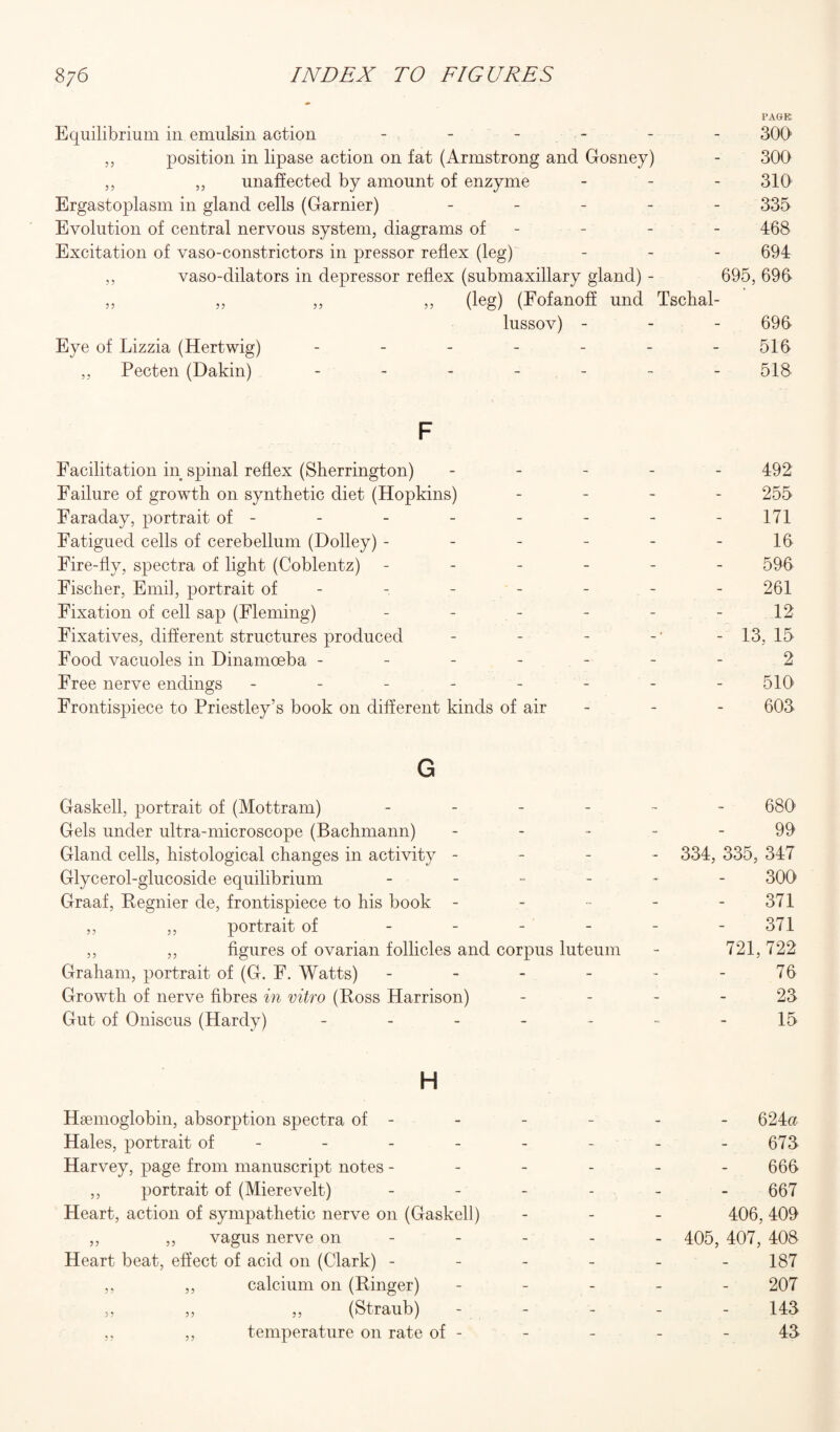 PAGE Equilibrium in emulsin action ------ 300 ,, position in lipase action on fat (Armstrong and Gosney) - 300 ,, ,, unaffected by amount of enzyme - - - 310 Ergastoplasm in gland cells (Gamier) _____ 335 Evolution of central nervous system, diagrams of - - - 468 Excitation of vaso-constrictors in pressor reflex (leg) - - - 694 ,, vaso-dilators in depressor reflex (submaxillary gland) - 695, 696 ,, ,, ,, ,, (leg) (Fofanofi und Tschal- lussov) - 696 Eye of Lizzia (Hertwig) - - - - - - -516 ,, Pecten (Dakin) - - - - - - - 518 F Facilitation in spinal reflex (Sherrington) ----- 492 Failure of growth on synthetic diet (Hopkins) - - - - 255 Faraday, portrait of- - - - - - - -171 Fatigued cells of cerebellum (Dolley) - - - - - - 16 Fire-fly, spectra of light (Coblentz) ------ 596 Fischer, Emil, portrait of ------ - 261 Fixation of cell sap (Fleming) - - - - - 12 Fixatives, different structures produced - - - -' -13,15 Food vacuoles in Dinamoeba ------- 2 Free nerve endings - - - - - - - - 510 Frontispiece to Priestley’s book on different kinds of air - - - 603 G Gaskell, portrait of (Mottram) ------ 680 Gets under ultra-microscope (Bachmann) ----- 99 Gland cells, histological changes in activity - - - - 334, 335, 347 Glycerol-glucoside equilibrium ------ 300 Graaf, Regnier de, frontispiece to his book - - - - - 371 ,, ,, portrait of - - - - - - 371 ,, ,, figures of ovarian follicles and corpus luteum - 721,722 Graham, portrait of (G. F. Watts) - - - - - - 76 Growth of nerve fibres in vitro (Ross Harrison) 23 Gut of Oniscus (Hardy) - -- -- --15 H Haemoglobin, absorption spectra of - - - - - - 624c? Hales, portrait of - - - - - - - -673 Harvey, page from manuscript notes ------ 666 ,, portrait of (Mierevelt) 667 Heart, action of sympathetic nerve on (Gaskell) - - - 406, 409 „ „ vagus nerve on 405, 407, 408 Heart beat, effect of acid on (Clark) - - - - - - 187 ,, ,, calcium on (Ringer) ----- 207 ,, ,, ,, (Straub) - 143 ,, ,, temperature on rate of - - - - - 45