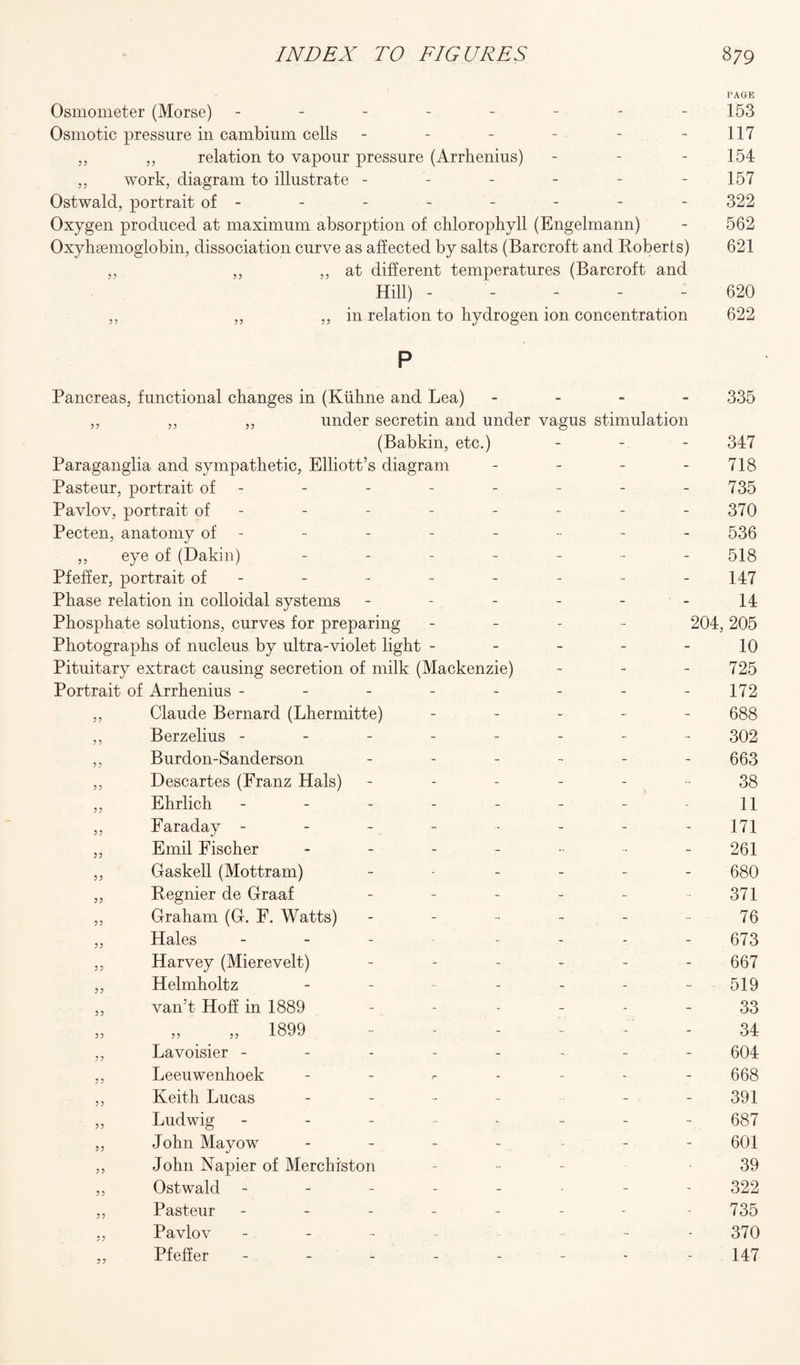 Osmometer (Morse) ----- _ _ _ PAGE 153 Osmotic pressure in cambium cells - - 117 ,, ,, relation to vapour pressure (Arrhenius) - - 154 ,, work, diagram to illustrate - - - 157 Ostwald, portrait of - - - 322 Oxygen produced at maximum absorption of chlorophyll (Engelmann) - 562 Oxyhsemoglobin, dissociation curve as affected by salts (Barcroft and Roberts) 621 ,, ,, ,, at different temperatures (Barcroft and Hill) - - - 620 ,, ,, ,, in relation to hydrogen ion concentration 622 p Pancreas, functional changes in (Kiihne and Lea) - - 335 ,, ,, ,, under secretin and under vagus stimulation (Babkin, etc.) - - 347 Paraganglia and sympathetic, Elliott’s diagram - - 718 Pasteur, portrait of - - - 735 Pavlov, portrait of - - - 370 Pecten, anatomy of - .. - 536 ,, eye of (Dakin) - - - 518 Pfeffer, portrait of - - - 147 Phase relation in colloidal systems - - 14 Phosphate solutions, curves for preparing - 204, 205 Photographs of nucleus by ultra-violet light - - - 10 Pituitary extract causing secretion of milk (Mackenzie) _ - 725 Portrait of Arrhenius ----- - - 172 ,, Claude Bernard (Lhermitte) - - 688 ,, Berzelius ----- - - 302 ,, Burdon-Sanderson - - 663 ,, Descartes (Franz Hals) - - 38 ,, Ehrlich ----- - - 11 ,, Faraday ----- - - 171 ,, Emil Fischer - - - - - - 261 ,, Gaskell (Mottram) - - 680 ,, Regnier de Graaf - - - 371 ,, Graham (G. F. Watts) - - 76 ,, Hales - - - 673 ,, Harvey (Mierevelt) - - 667 ,, Helmholtz - - 519 ,, van’t Hoff in 1889 - - 33 ,, ,, „ 1899 - - 34 ,, Lavoisier ----- - - 604 ,, Leeuwenhoek - - - 668 ,, Keith Lucas - - - 391 ,, Ludwig ----- - - 687 ,, John Mayow - - - - - - 601 ,, John Napier of Merchiston - 39 ,, Ostwald ----- .. - 322 ,, Pasteur ----- - - 735 ,, Pavlov - - 370 ,, Pfeffer ----- - - 147