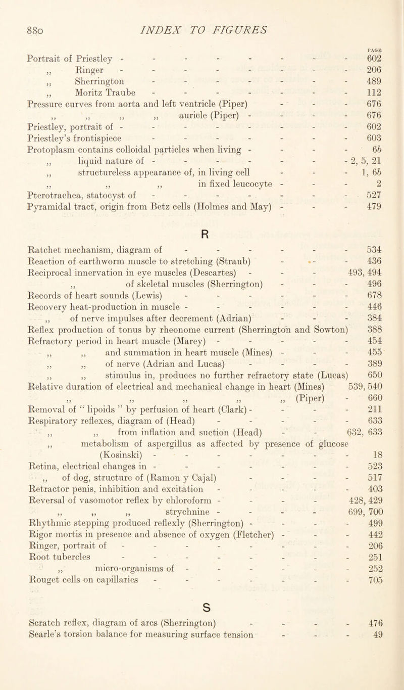 PAGE Portrait of Priestley -------- 602 ,, Ringer -------- 206 ,, Sherrington ------- 489 „ Moritz Traube - - - - - - -112 Pressure curves from aorta and left ventricle (Piper) - - - 676 ,, ,, ,, „ auricle (Piper) - - - - 676 Priestley, portrait of - - - - - - - - 602 Priestley’s frontispiece _______ 603 Protoplasm contains colloidal particles when living - - - - 6b ,, liquid nature of - - - - - - - 2, 5, 21 ,, structureless appearance of, in living cell - - 1, 66 ,, ,, ,, in fixed leucocyte - - - 2 Pterotrachea, statocyst of - - - - - - - 527 Pyramidal tract, origin from Betz cells (Holmes and May) - - 479 R Ratchet mechanism, diagram of Reaction of earthworm muscle to stretching (Straub) Reciprocal innervation in eye muscles (Descartes) ,, of skeletal muscles (Sherrington) Records of heart sounds (Lewis) ------ Recovery heat-production in muscle ------ ,, of nerve impulses after decrement (Adrian) - Reflex production of tonus by rheonome current (Sherrington and Sowton) Refractory period in heart muscle (Marey) - - - - - „ ,, and summation in heart muscle (Mines) - - - ,, ,, of nerve (Adrian and Lucas) - - - - „ ,, stimulus in, produces no further refractory state (Lucas) Relative duration of electrical and mechanical change in heart (Mines) „ „ „ „ „ (Piper) Removal of £‘ lipoids ” by perfusion of heart (Clark) - - - Respiratory reflexes, diagram of (Head) ,, ,, from inflation and suction (Head) ,, metabolism of aspergillus as affected by presence of glucose (Kosinski) ------ Retina, electrical changes in - ,, of dog, structure of (Ramon y Cajal) - - - Retractor penis, inhibition and excitation - - - - Reversal of vasomotor reflex by chloroform - ,, ,, „ strychnine - Rhythmic stepping produced reflexly (Sherrington) - - - Rigor mortis in presence and absence of oxygen (Fletcher) - Ringer, portrait of - Root tubercles ------- ,, micro-organisms of - Rouget cells on capillaries ------ 493. 539, 632, 534 436 494 496 678 446 384 388 454 455 389 650 540 660 211 633 633 Scratch reflex, diagram of arcs (Sherrington) Searle’s torsion balance for measuring surface tension - 18 koo — OZo 517 - 403 428, 429 699, 700 - 499 - 442 - 206 - 251 - 252 - 705 476 _ 49