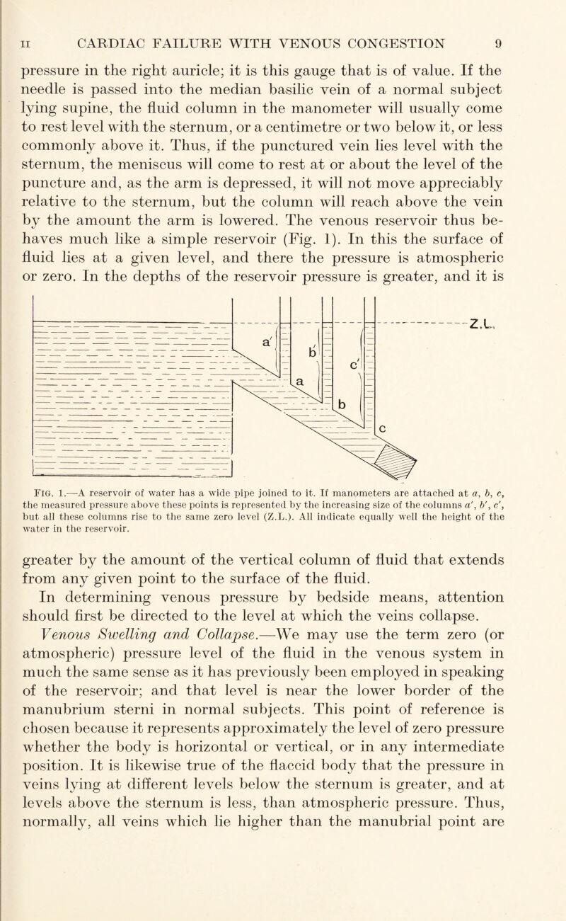 pressure in the right auricle; it is this gauge that is of value. If the needle is passed into the median basilic vein of a normal subject lying supine, the fluid column in the manometer will usually come to rest level with the sternum, or a centimetre or two below it, or less commonly above it. Thus, if the punctured vein lies level with the sternum, the meniscus will come to rest at or about the level of the puncture and, as the arm is depressed, it will not move appreciably relative to the sternum, but the column will reach above the vein by the amount the arm is lowered. The venous reservoir thus be¬ haves much like a simple reservoir (Fig. 1). In this the surface of fluid lies at a given level, and there the pressure is atmospheric or zero. In the depths of the reservoir pressure is greater, and it is FIG. 1.—A reservoir of water has a wide pipe joined to it. If manometers are attached at a, b, c, the measured pressure above these points is represented by the increasing size of the columns a', b', c', but all these columns rise to the same zero level (Z.L.). All indicate equally well the height of the water in the reservoir. greater by the amount of the vertical column of fluid that extends from any given point to the surface of the fluid. In determining venous pressure by bedside means, attention should first be directed to the level at which the veins collapse. Venous Swelling and Collapse.—We may use the term zero (or atmospheric) pressure level of the fluid in the venous system in much the same sense as it has previously been employed in speaking of the reservoir; and that level is near the lower border of the manubrium sterni in normal subjects. This point of reference is chosen because it represents approximately the level of zero pressure whether the body is horizontal or vertical, or in any intermediate position. It is likewise true of the flaccid body that the pressure in veins lying at different levels below the sternum is greater, and at levels above the sternum is less, than atmospheric pressure. Thus, normally, all veins which lie higher than the manubrial point are